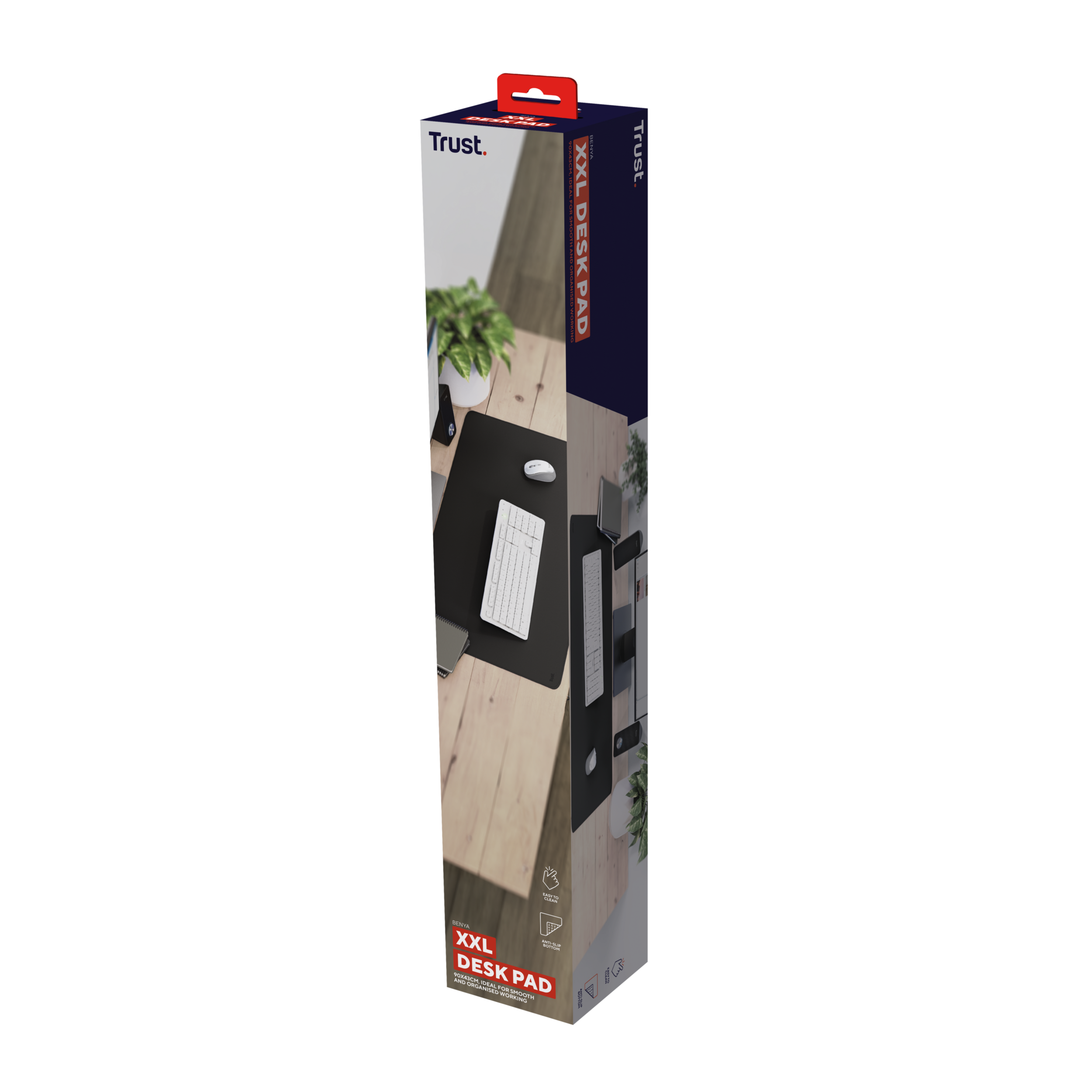 A tall, vertical Trust XXL desk pad box. The box shows a desk setup with a mouse, keyboard, and plants.