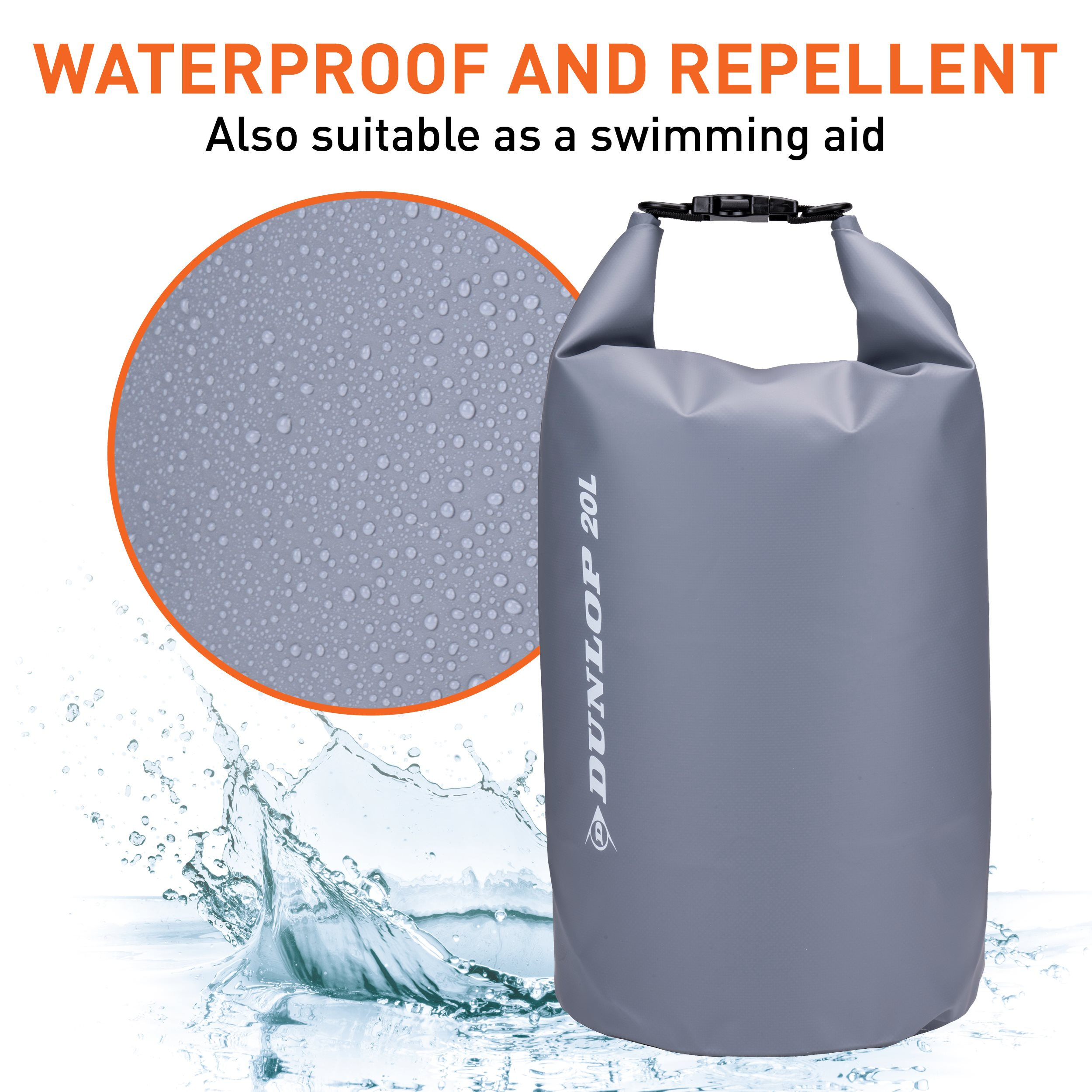 Grijze waterdichte tas, waterdruppels links, waterspetters onderaan. Tekst bovenaan.
