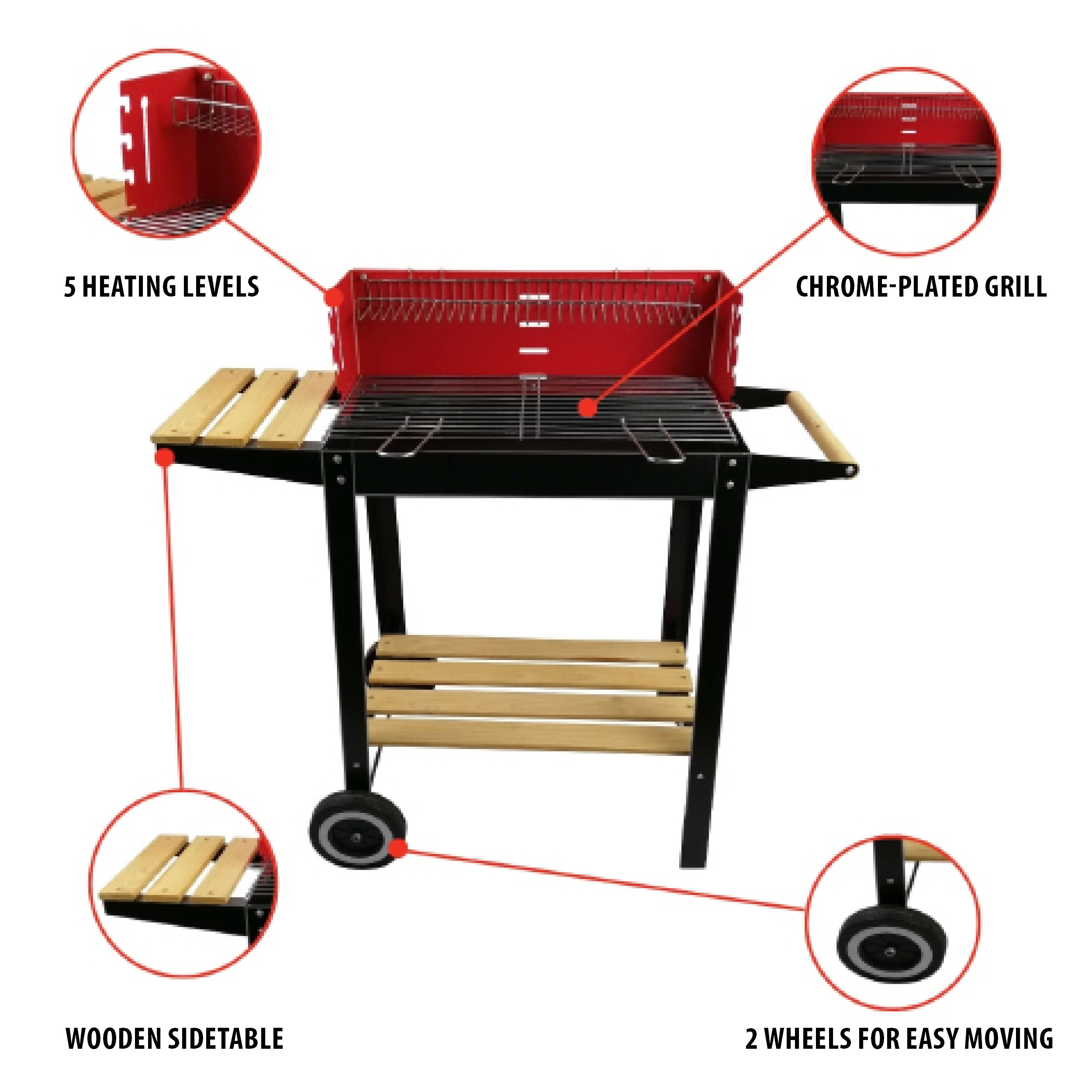 Een rode BBQ heeft een verchroomde grill, houten zijtafels, 5 warmtestanden en 2 wielen voor gemakkelijk verplaatsen.