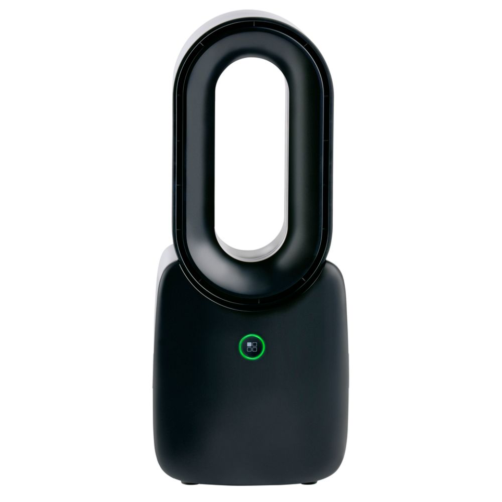 A black and white bladeless fan. It has an oval top and a rectangular base. A green light is on the base.
