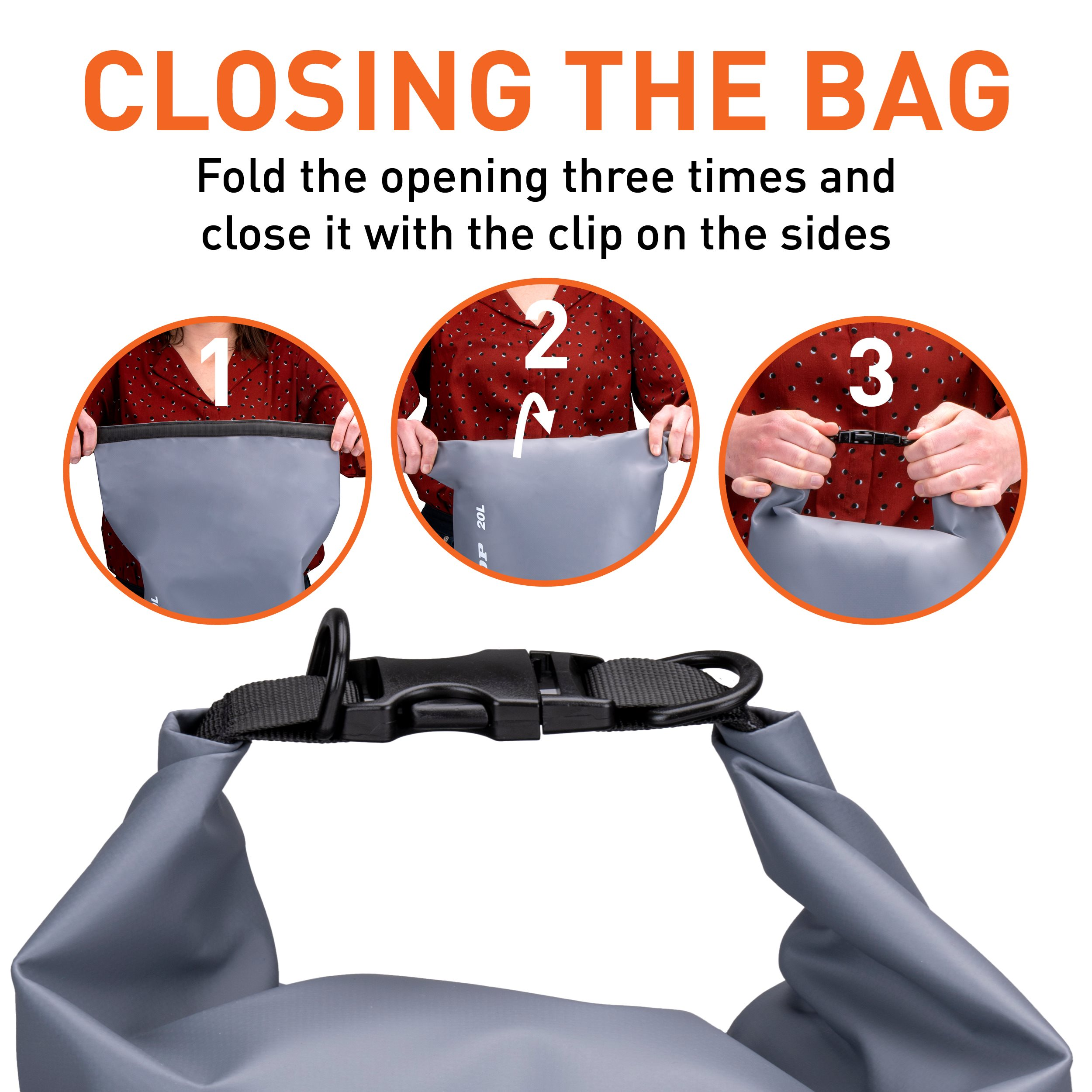 Instructies voor het sluiten van een grijze tas: vouw en klik vast. Oranje tekst zegt: 'CLOSING THE BAG'.