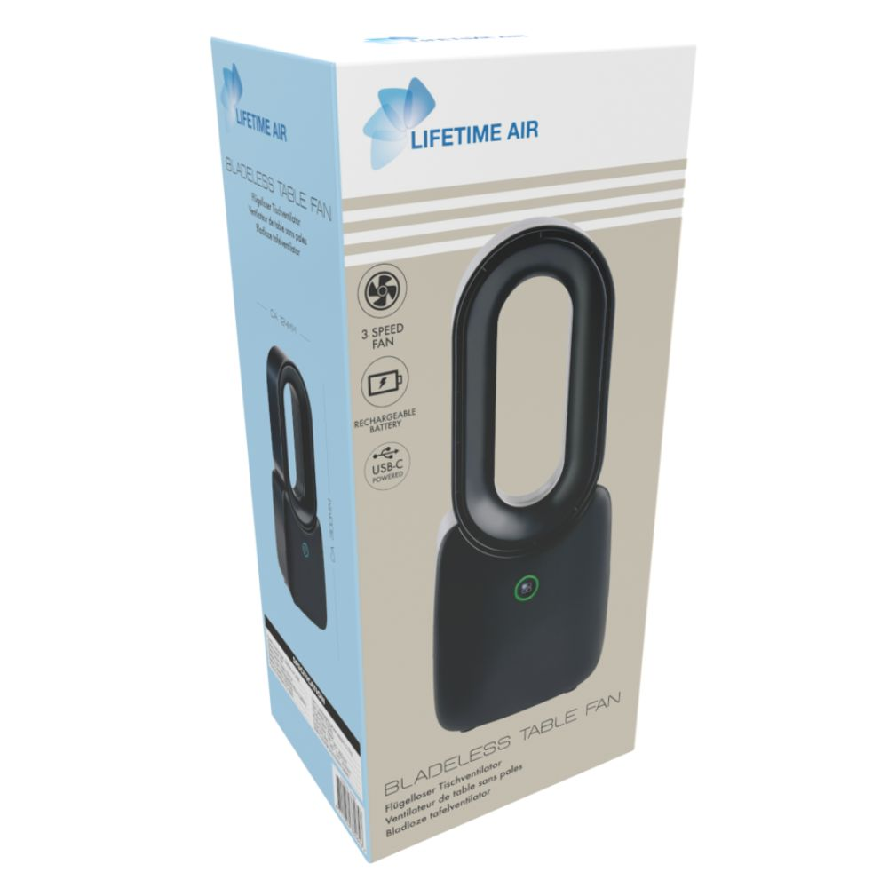 A box with a bladeless table fan. The box is white and blue with the brand name 'Lifetime Air'.