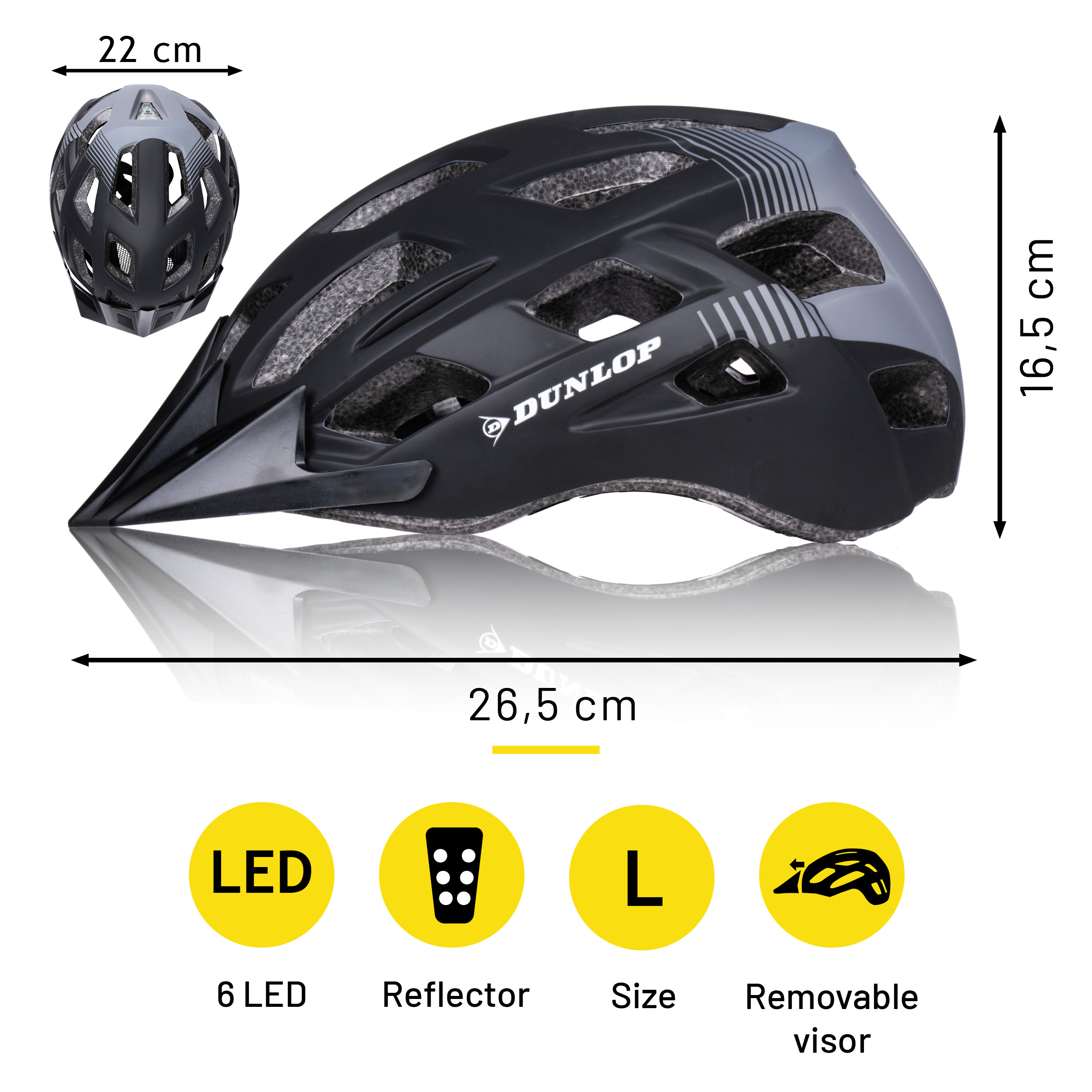Een zwarte en grijze Dunlop fietshelm met afmetingen, inclusief 6 LED's, reflector, maat L en afneembaar vizier.
