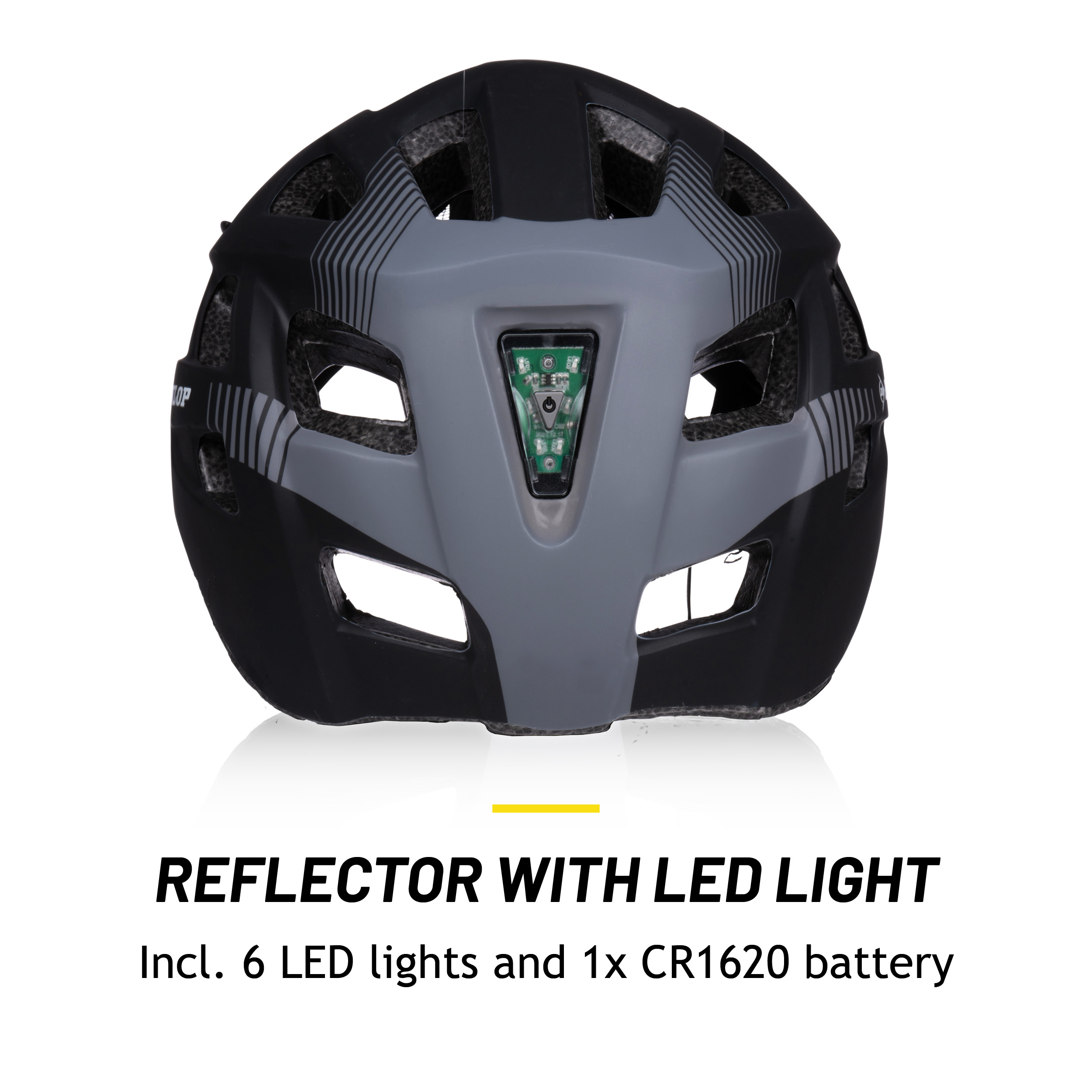 Zwarte en grijze fietshelm met LED-licht. Inclusief 6 LED-lampjes en een CR1620-batterij. De achtergrond is wit.