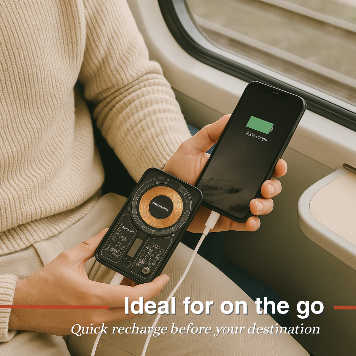 Une personne dans un train charge un téléphone avec un chargeur sans fil. Le téléphone affiche une charge de 85 %. Le chargeur est étiqueté Grundig.
