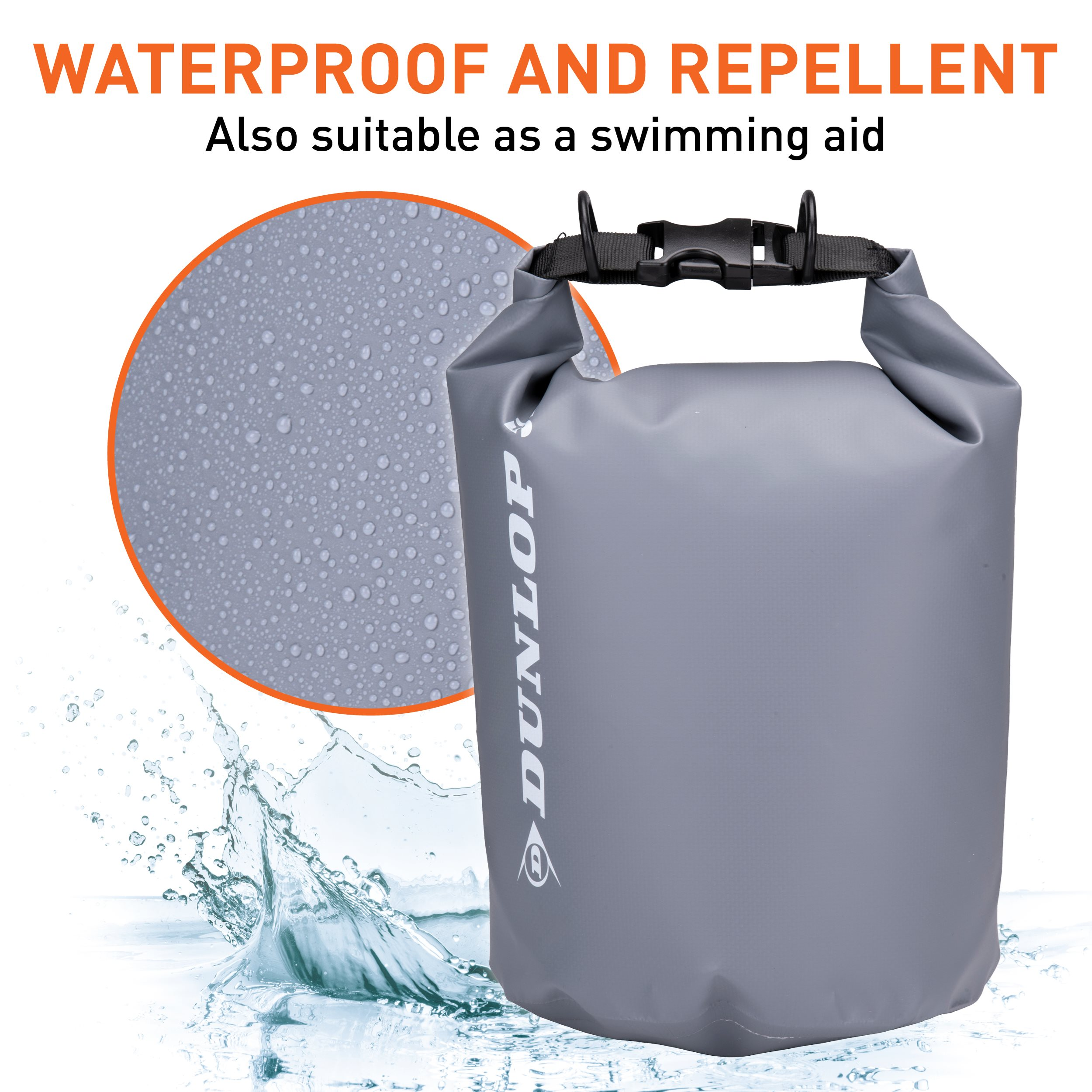 Grijze waterdichte tas met zwarte handgreep. Waterdruppels en spatten zijn zichtbaar. Tekst: Waterdicht en afstotend.