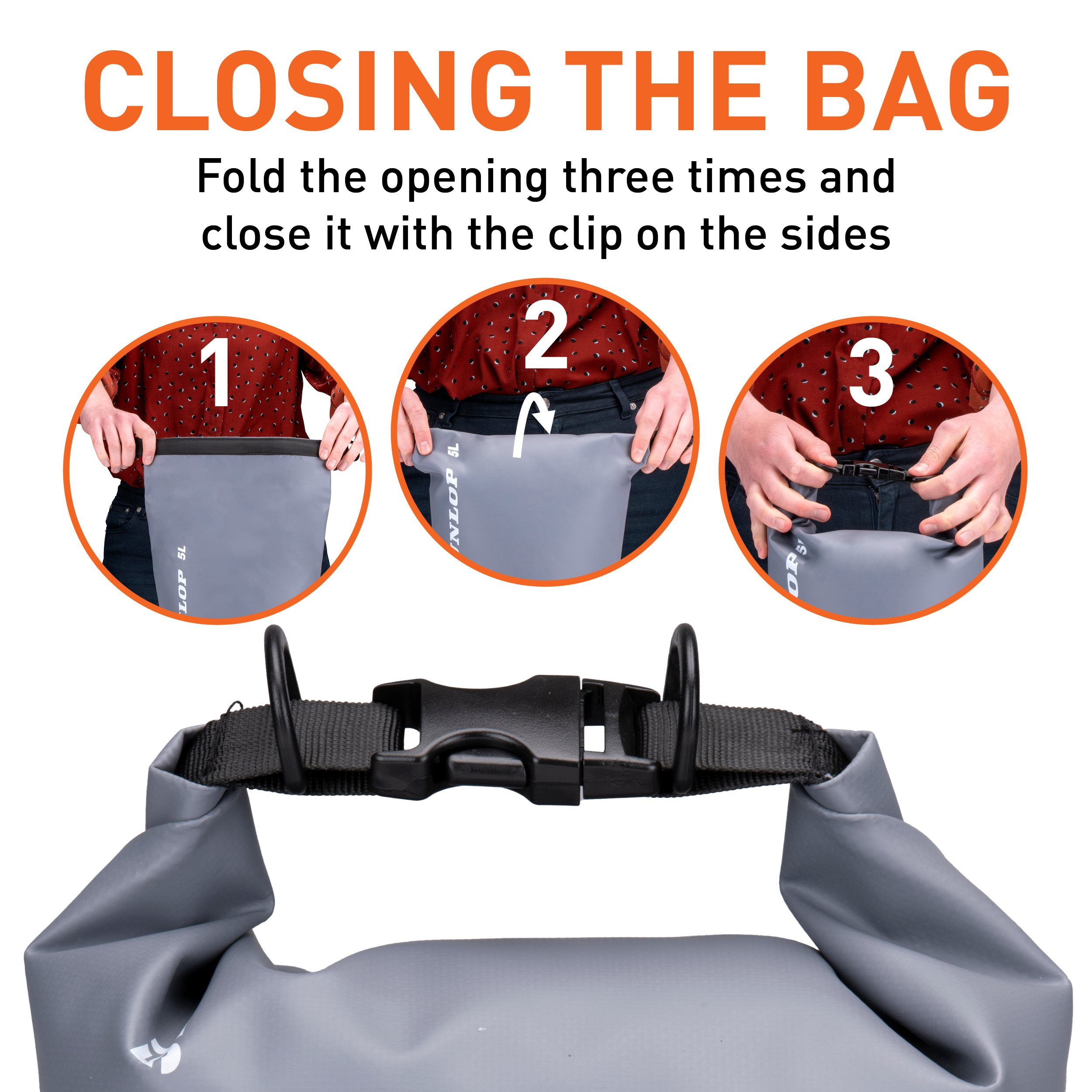 Instructies voor het sluiten van een grijze tas. Vouw de opening driemaal en klem de zijkanten vast. Inclusief close-up stappen.