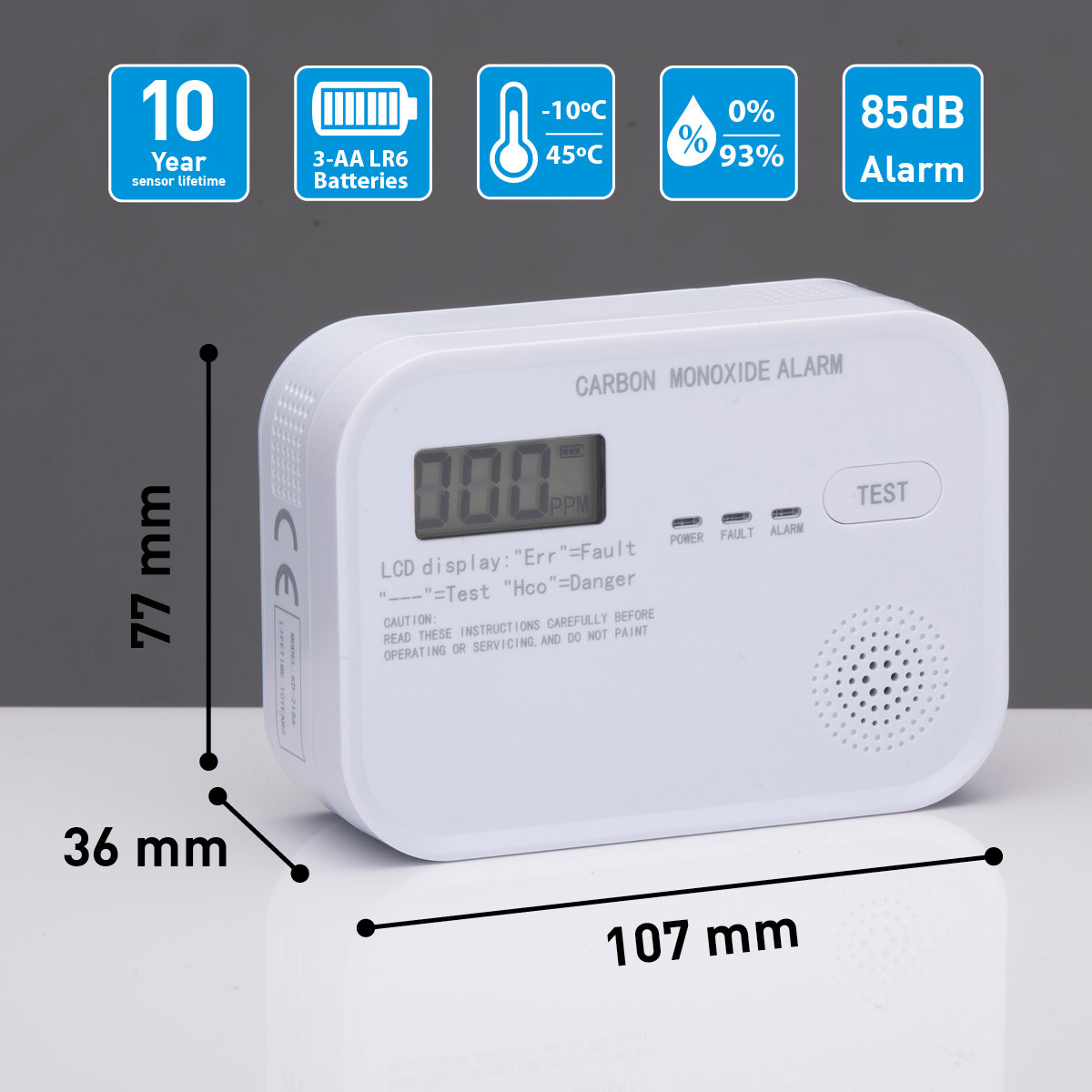 Ein weißer Kohlenmonoxid-Alarm mit digitaler Anzeige, Tasten und Lautsprecher. Er zeigt Abmessungen und andere Details.