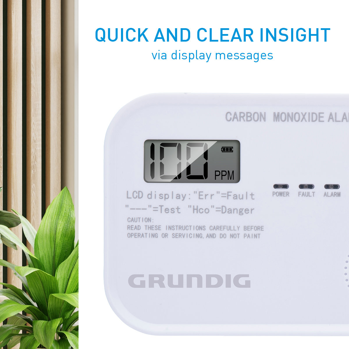 Ein weißer Kohlenmonoxid-Alarm zeigt '100 PPM'. Der Text oben lautet 'Schneller und klarer Einblick'. Links ist eine Pflanze.