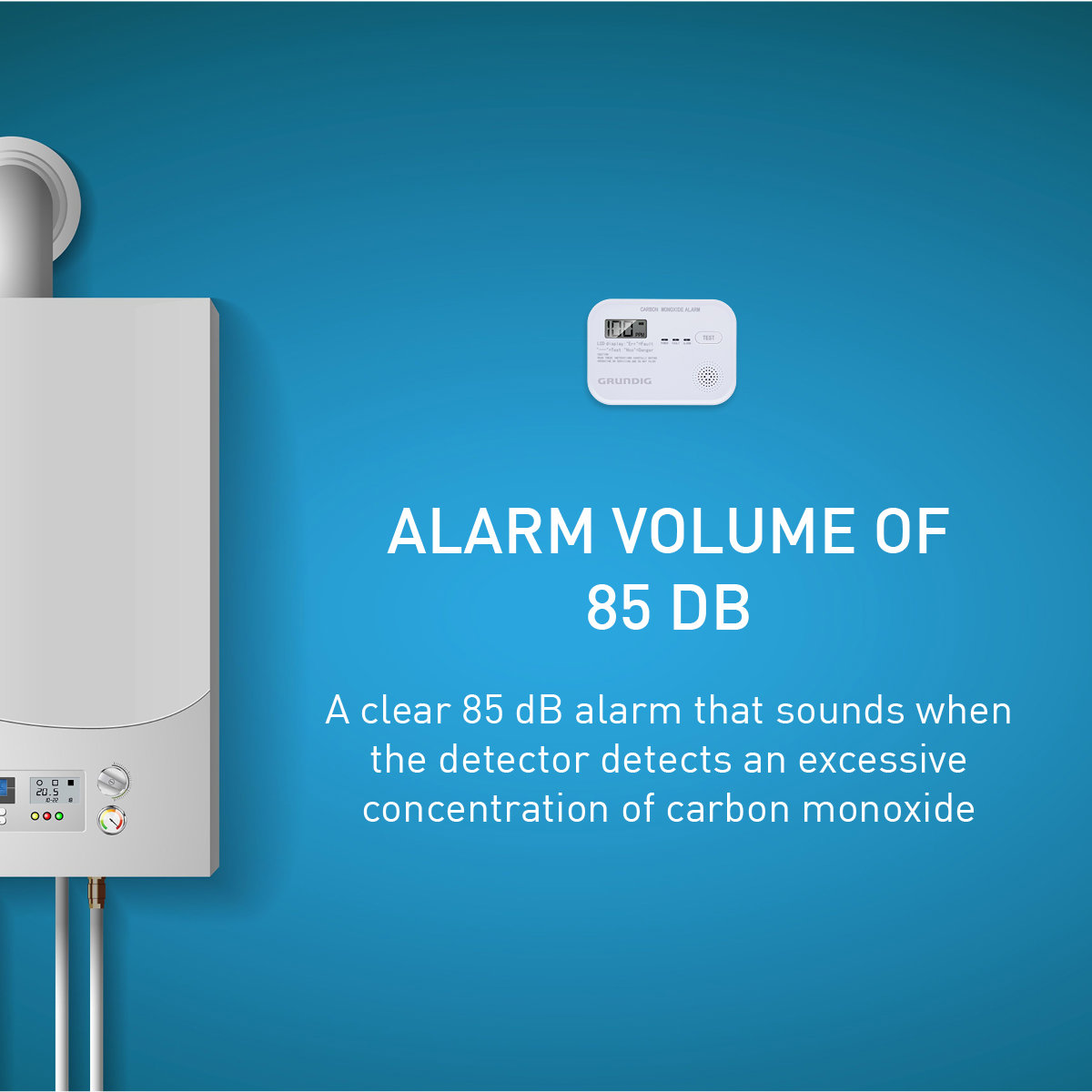Ein weißer Kohlenmonoxid-Detektor und ein Heizkessel sind vor einer blauen Wand zu sehen. Text lautet 'Alarmvolumen von 85 dB'.