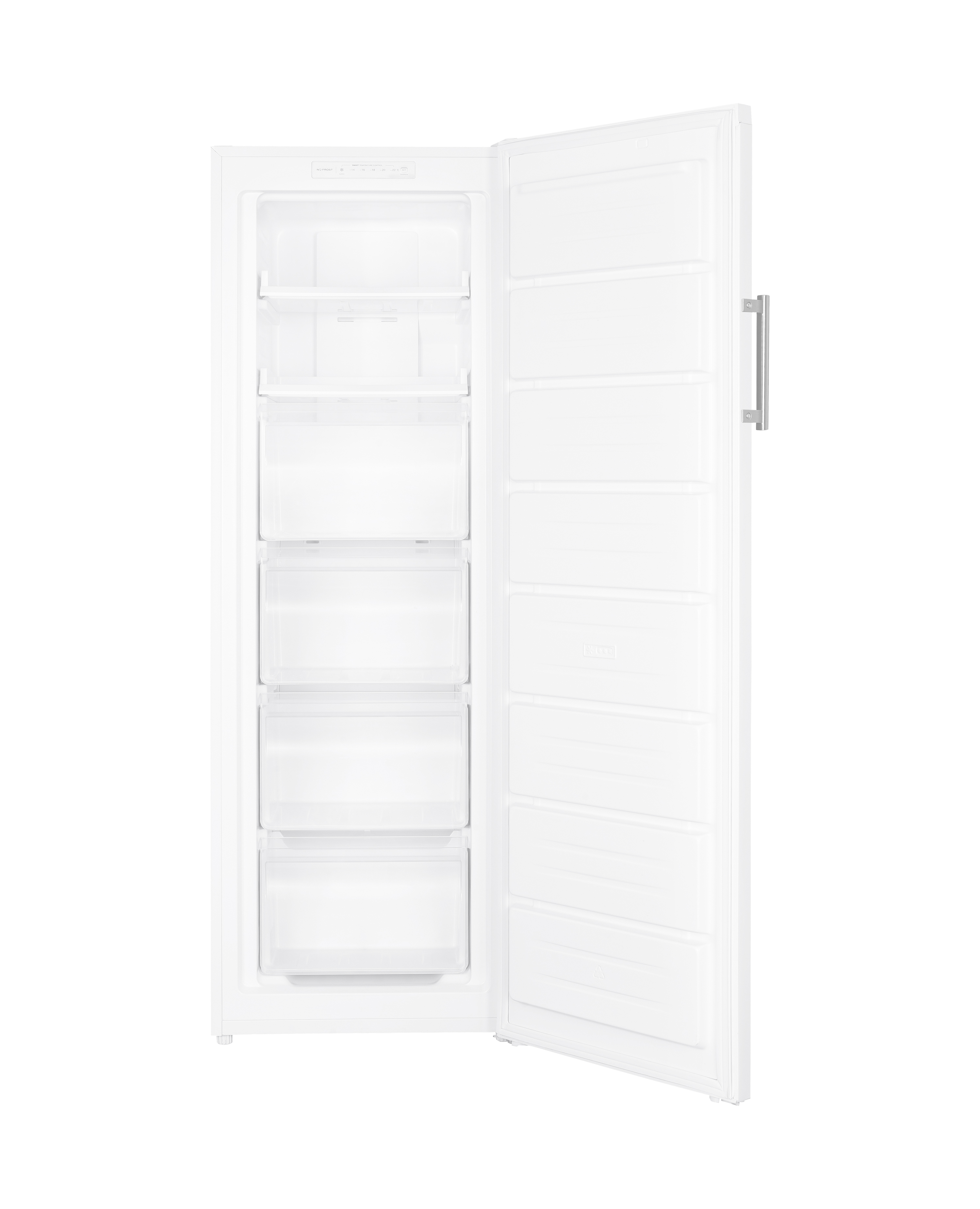 Witte staande vriezer open. Interieur toont laden. De deur heeft een handvat.