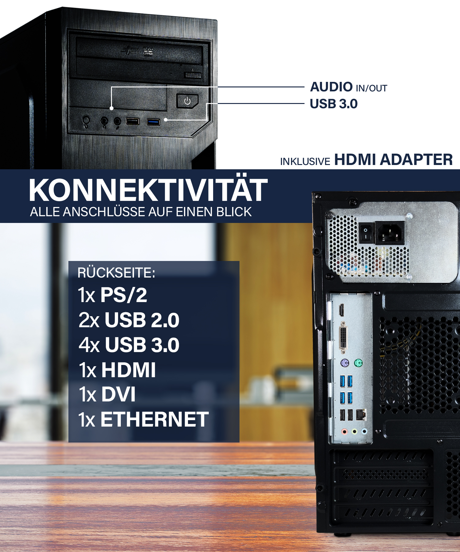 Obudowa komputera pokazuje porty i połączenia. Zawiera audio in/out, USB 3.0, PS/2, USB 2.0, HDMI, DVI i Ethernet.