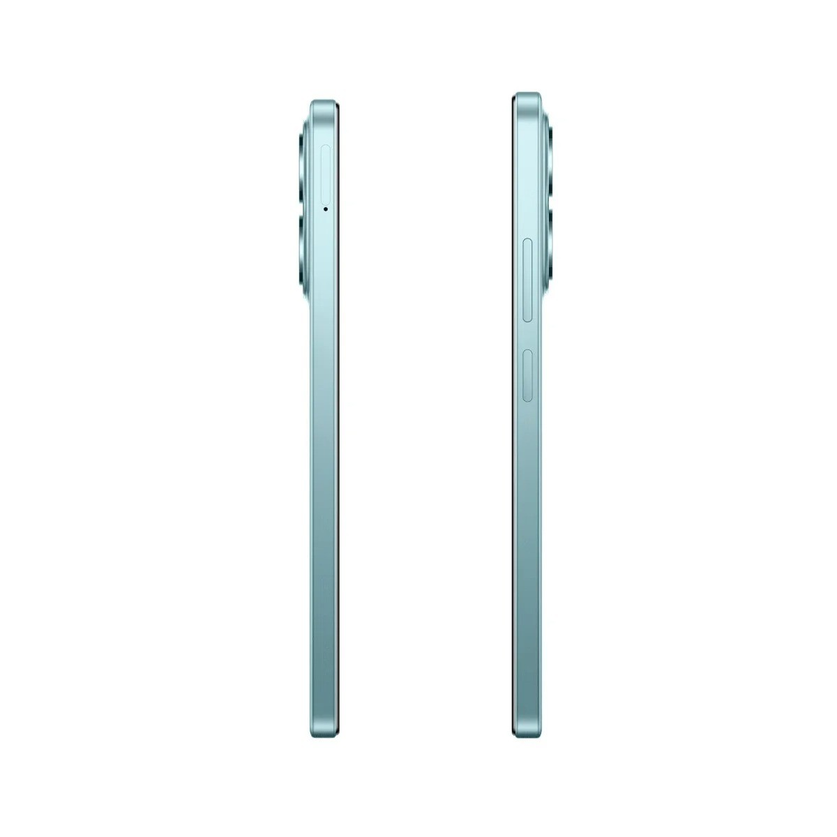 Dwa jasnoniebieskie smartfony obok siebie, pokazujące profil boczny. Widoczne przyciski i szczegóły aparatu. Tło jest białe.