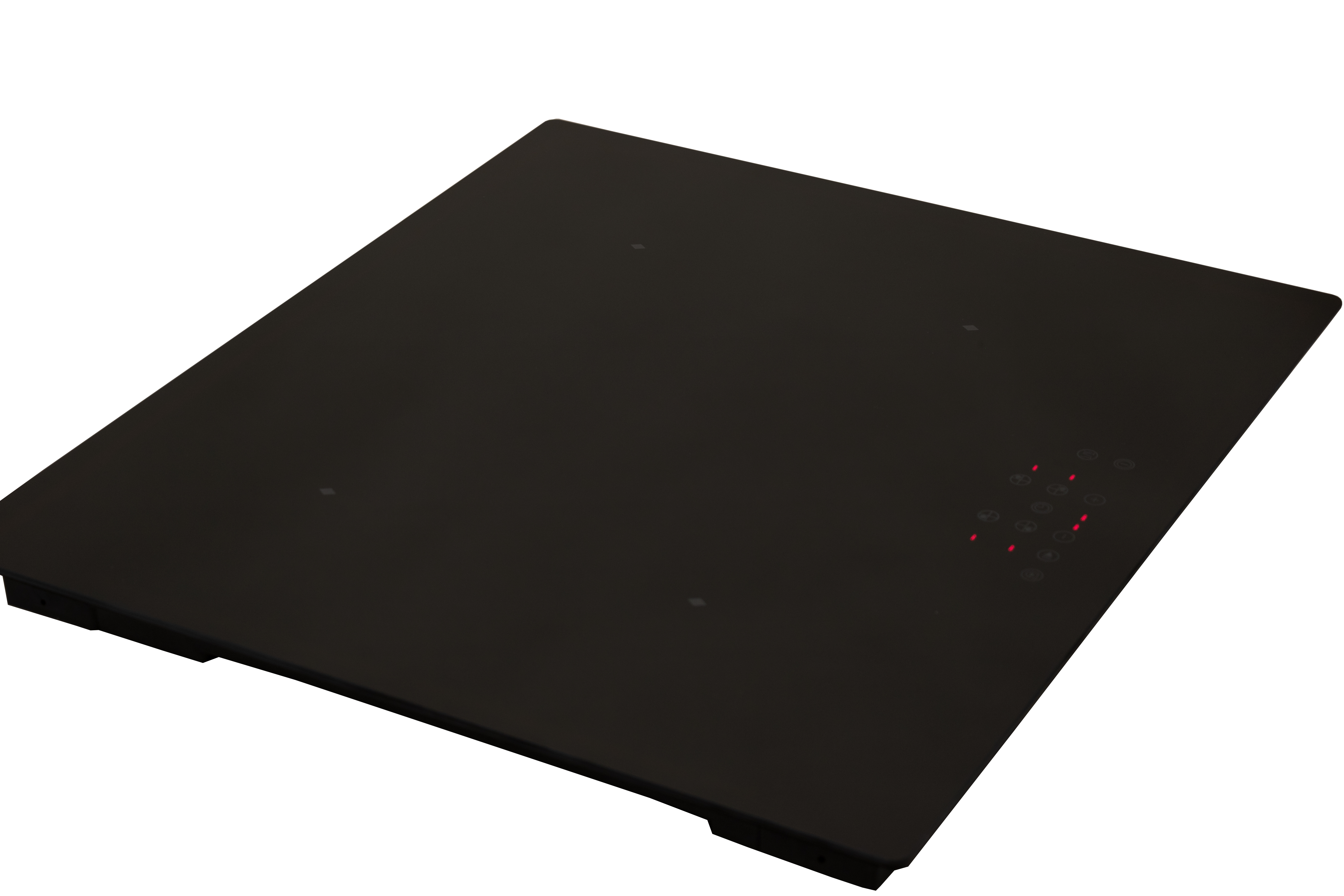 Zwarte inductiekookplaat met rood verlichte bedieningselementen, geïsoleerd op witte achtergrond.
