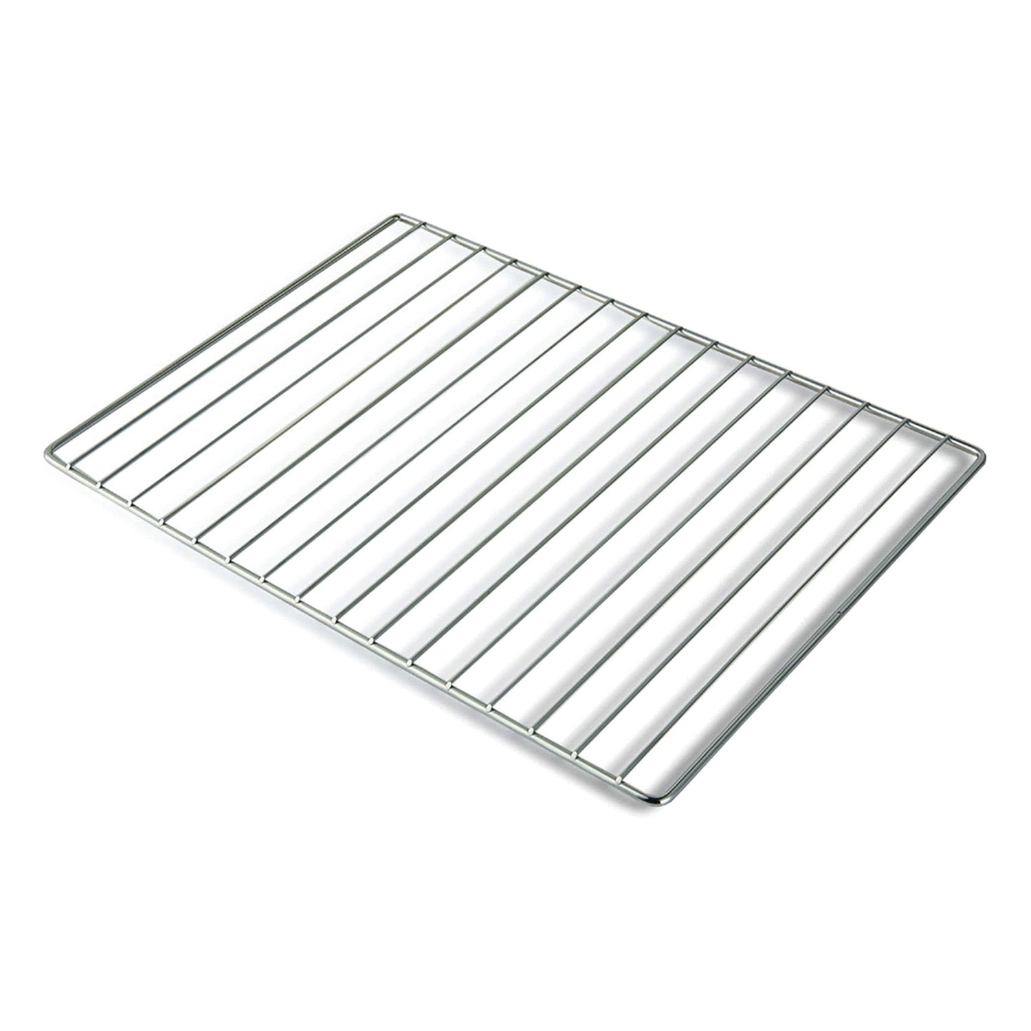 Prostokątna, nierdzewna kratka do piekarnika na białym tle. Kratka ma równoległe pręty i strukturę kratki.