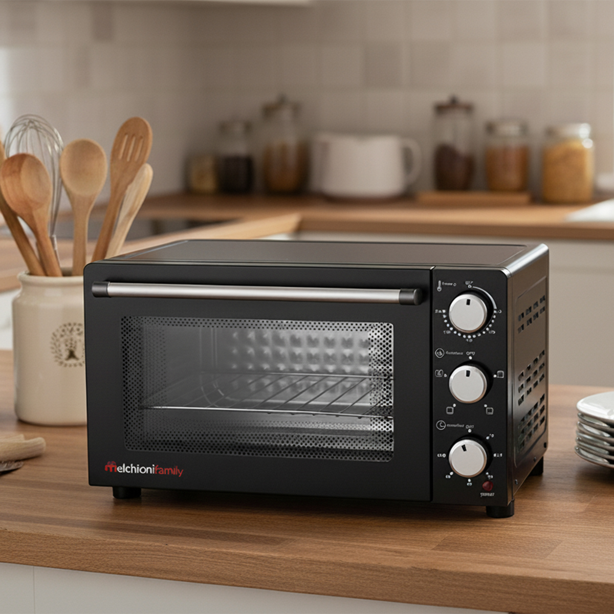 Czarny piekarnik na blacie ze srebrnym uchwytem i elementami sterującymi. Drewniane łyżki i trzepaczki w ceramicznym słoiku. Tło kuchni.