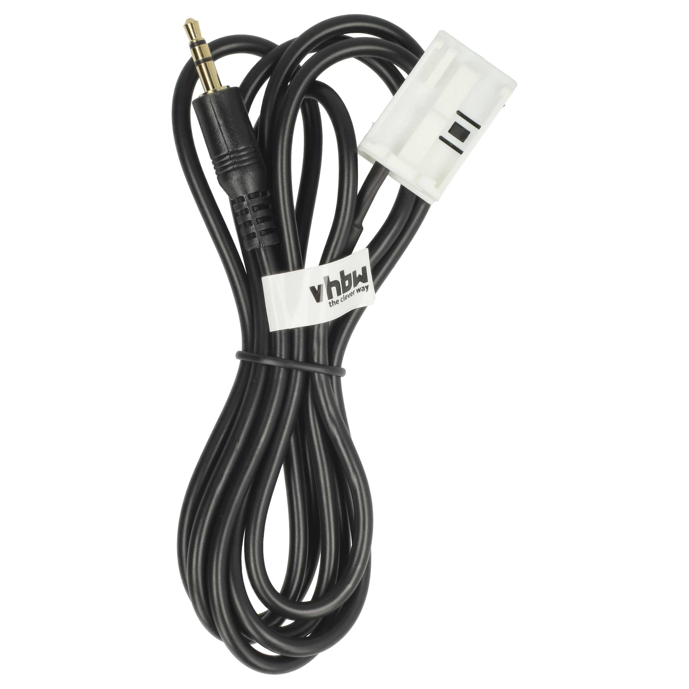 Schwarzes Audiokabel mit 3,5-mm-Klinkenstecker, weißem Stecker und vhbw-Etikett, vor weißem Hintergrund.