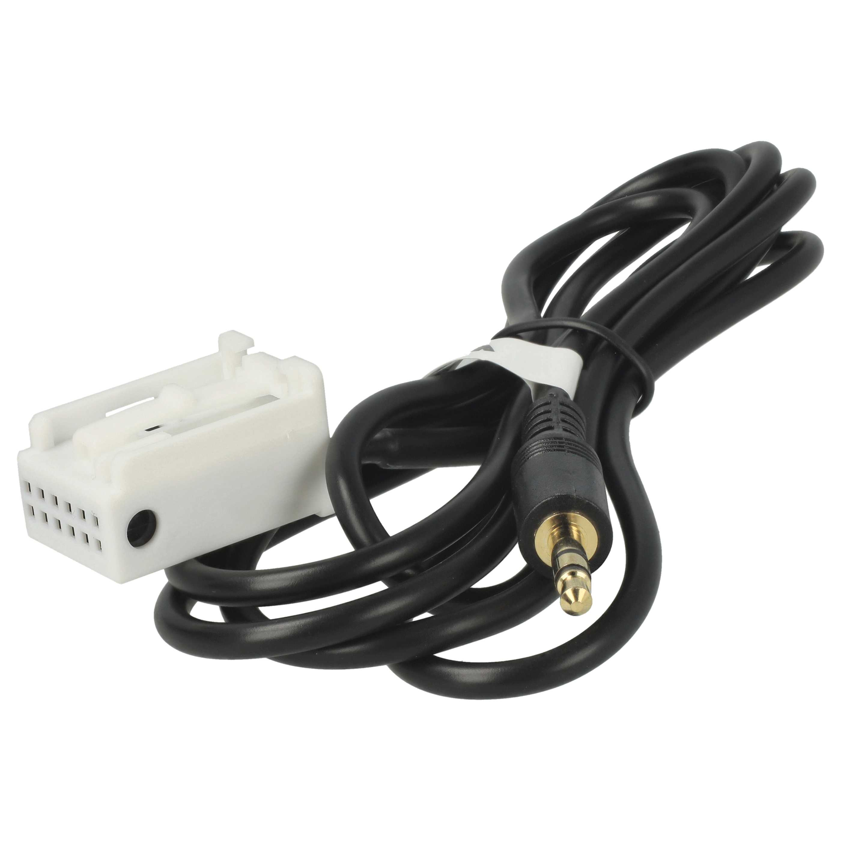 Ein schwarzes Audiokabel mit 3,5-mm-Klinke und weißem Stecker. Das Kabel ist aufgerollt.