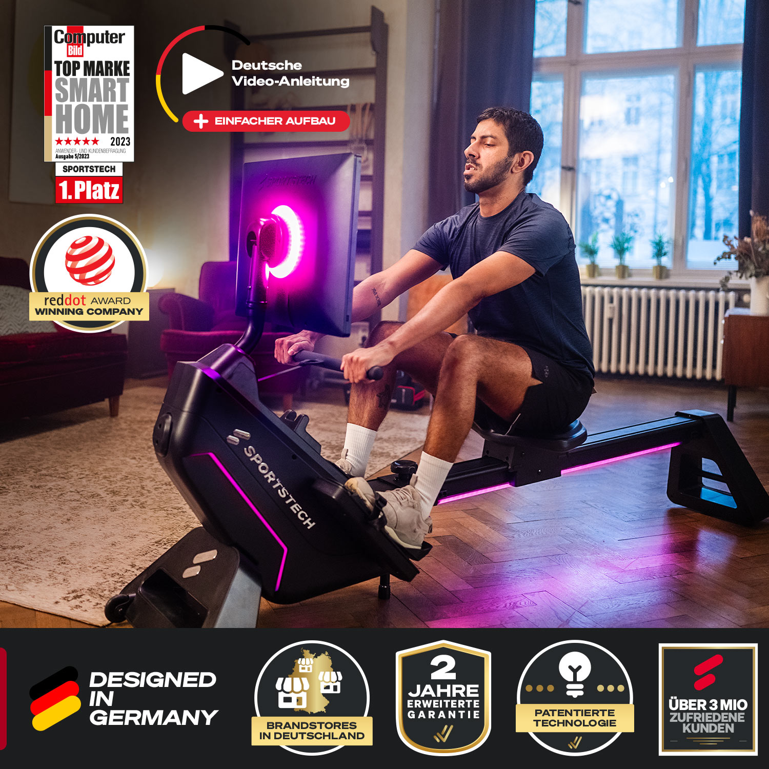Ein Mann trainiert auf einem SPORTSTECH Rudergerät. Die Maschine ist schwarz mit pinkfarbenen Lichtern. Auszeichnungen und Text im Hintergrund.