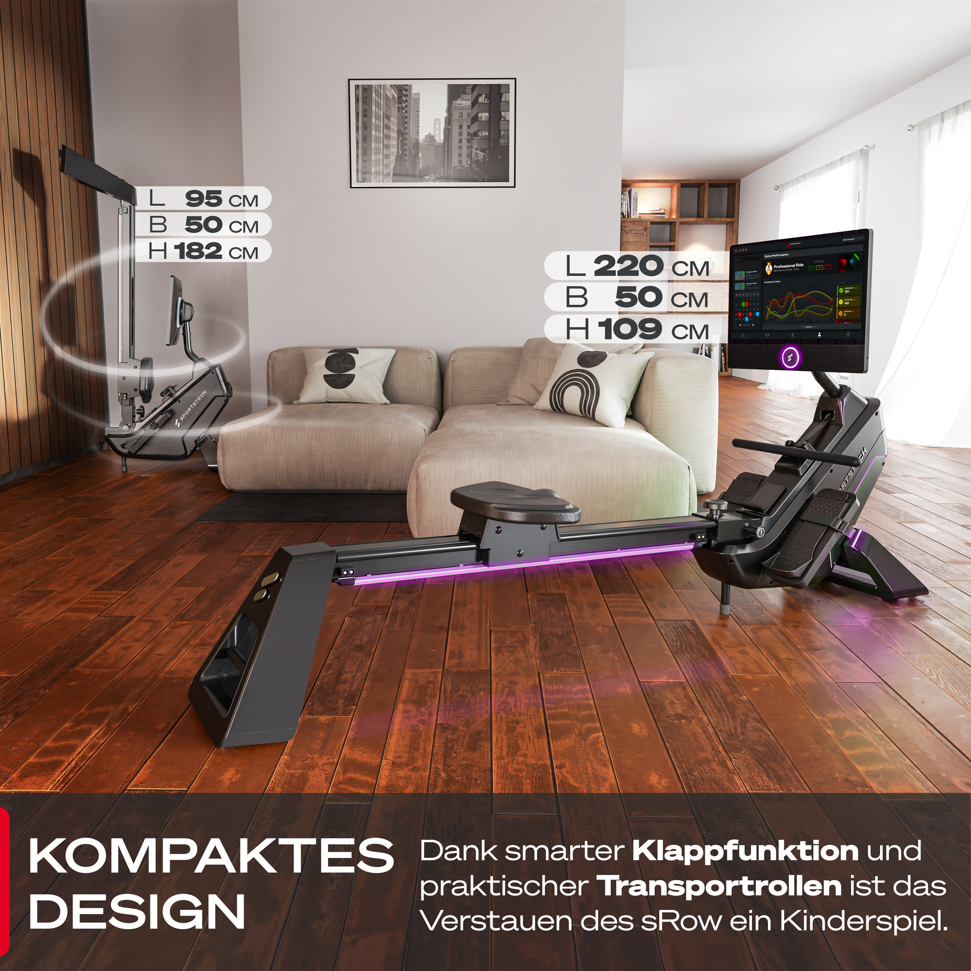 Ein Rudergerät steht in einem Raum. Es hat einen Bildschirm, der Daten anzeigt. Ein Sofa und ein Bild sind ebenfalls vorhanden.