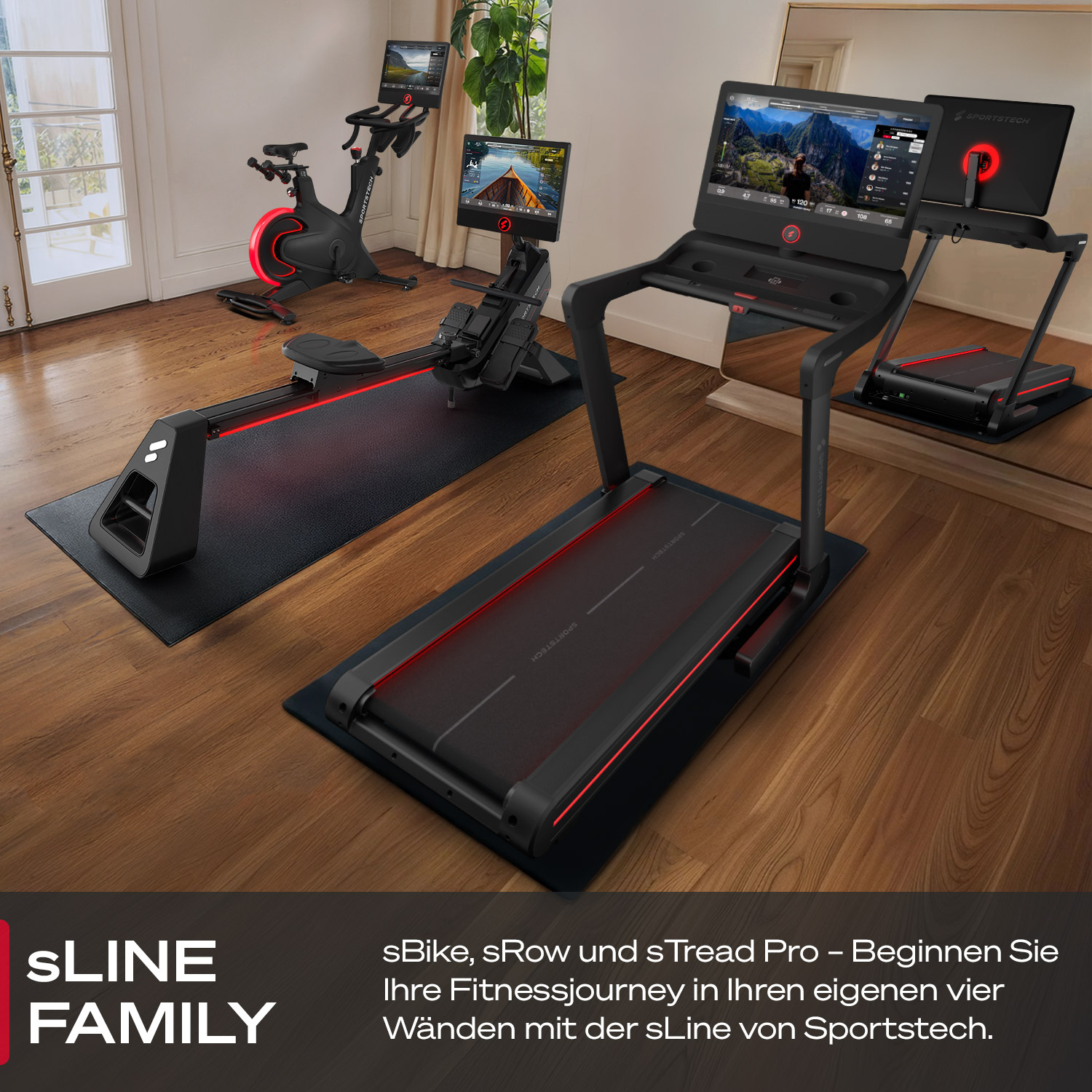 Ein Home-Gym-Setup mit Laufband, Heimtrainer und Rudergerät. Alles schwarz mit roten Akzenten, auf Holzböden.