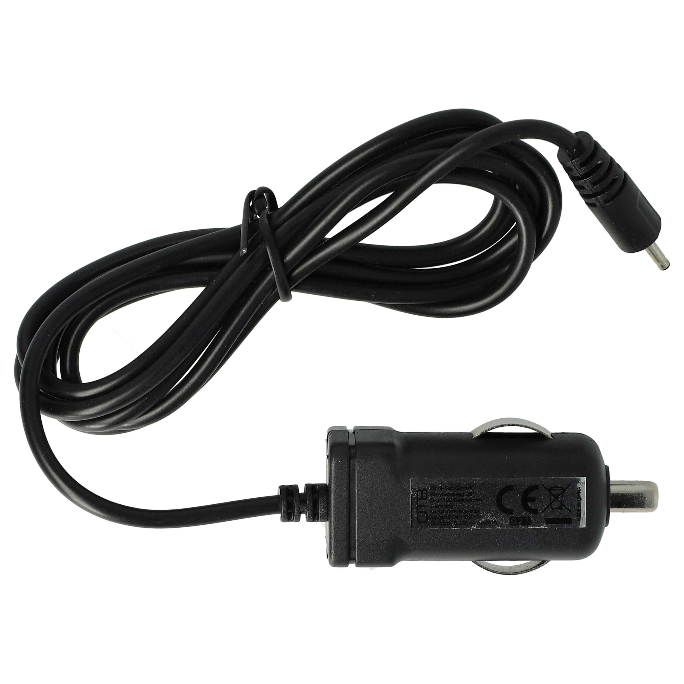 Ein schwarzes Autoladegerät mit langem Kabel. Das Ladegerät hat einen Zigarettenanzünderstecker.