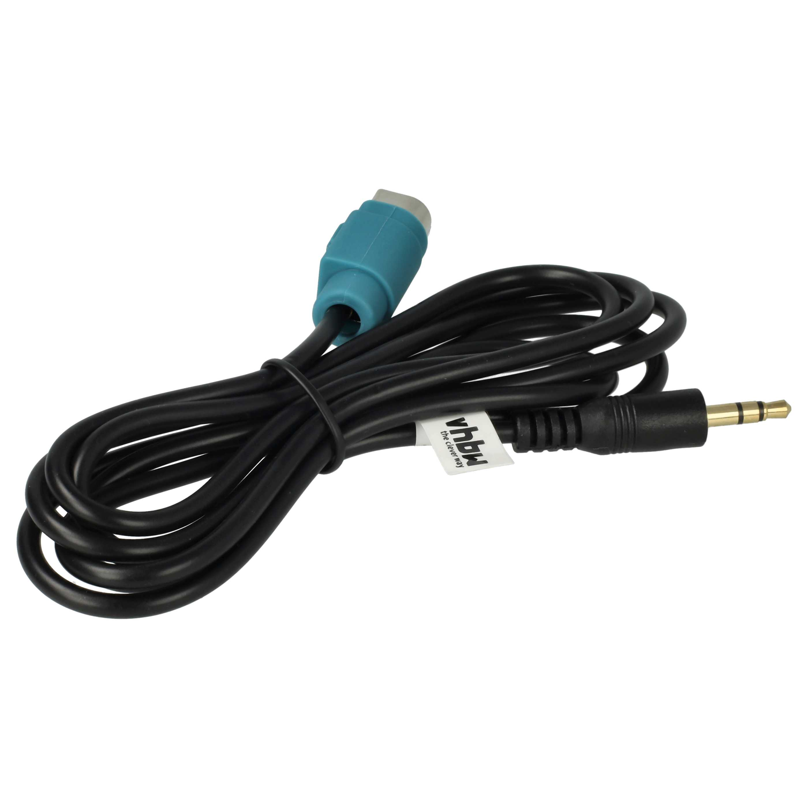 Ein schwarzes Kabel mit einem blauen Stecker und einem goldfarbenen Audio-Jack auf weißem Hintergrund.