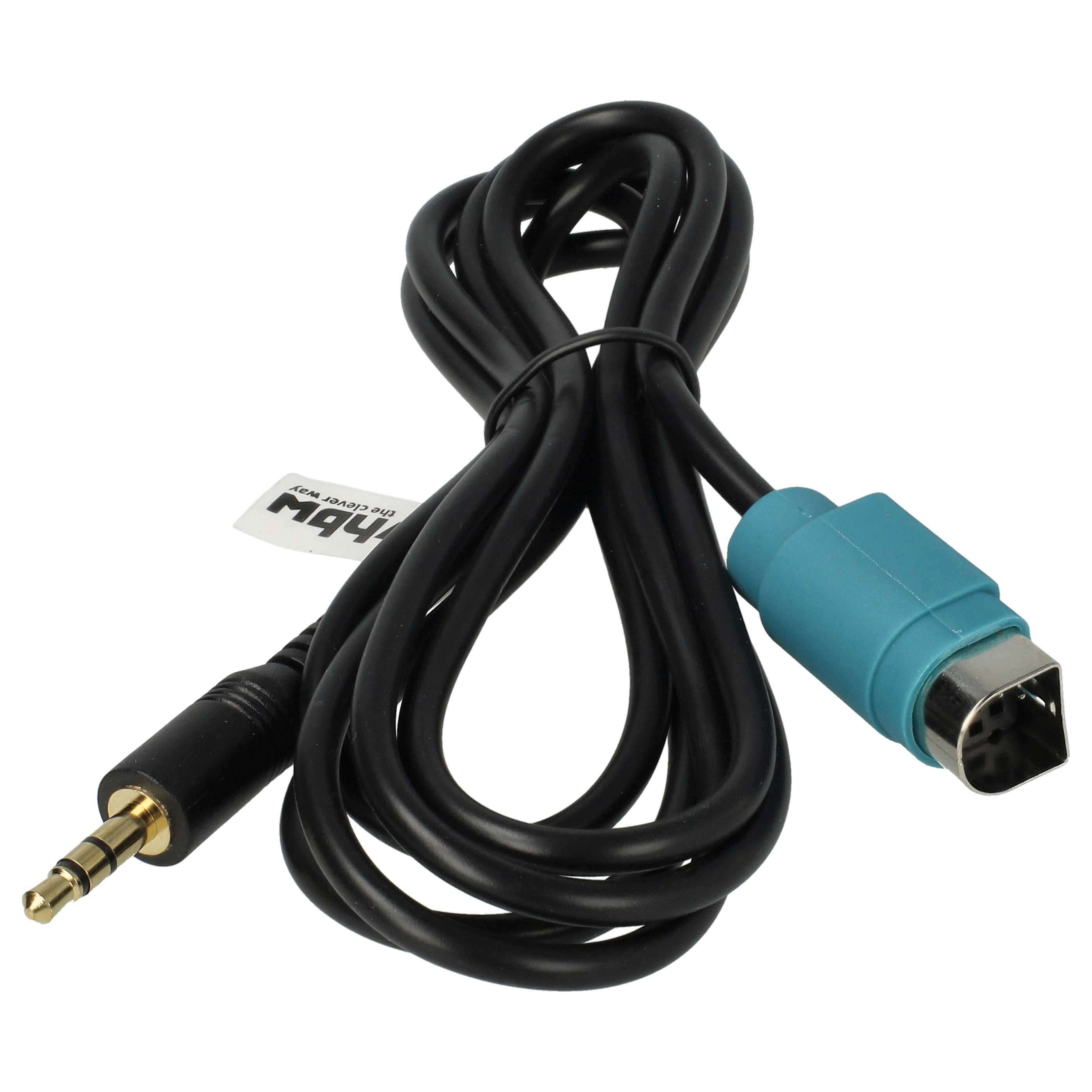 Ein schwarzes Audiokabel mit blauem Stecker und 3,5-mm-Klinke. Das Etikett lautet 'M44 the clever way'.