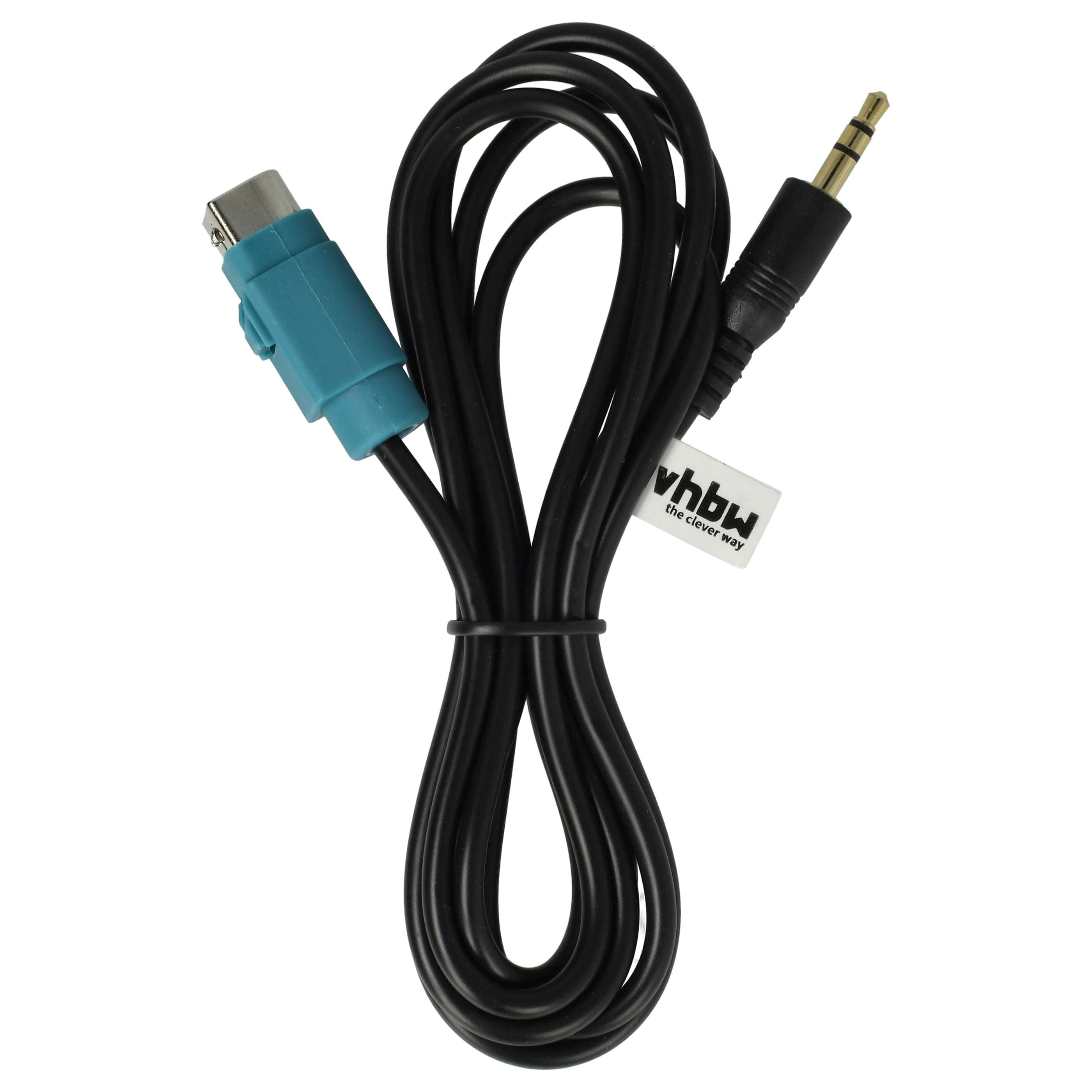 Ein schwarzes Audiokabel mit blauen und goldenen Steckern liegt auf weißem Hintergrund. Ein weißes Etikett ist sichtbar.