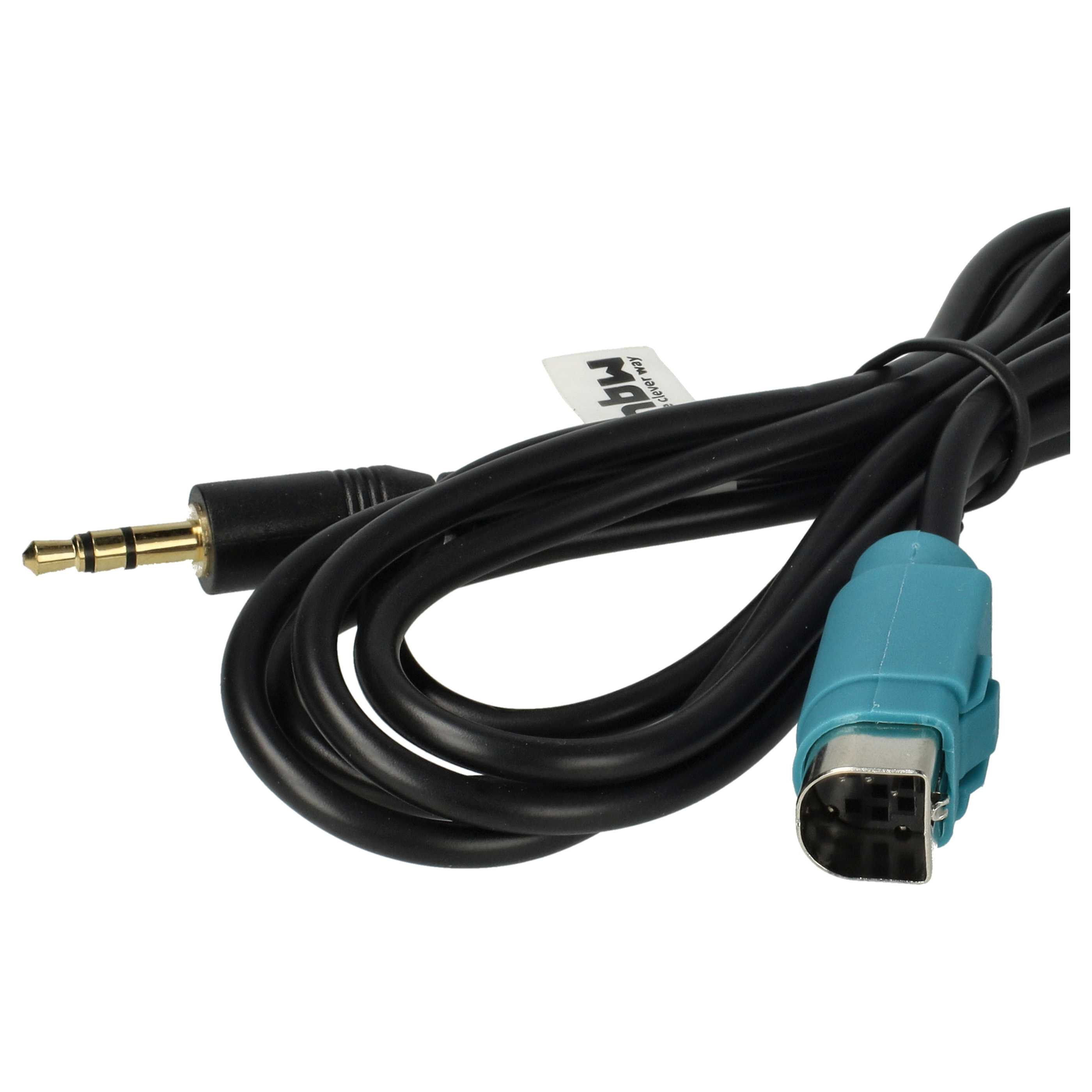 Schwarzes Audiokabel mit 3,5-mm-Klinke und blauem Stecker, vor weißem Hintergrund. Ein Etikett ist angebracht.