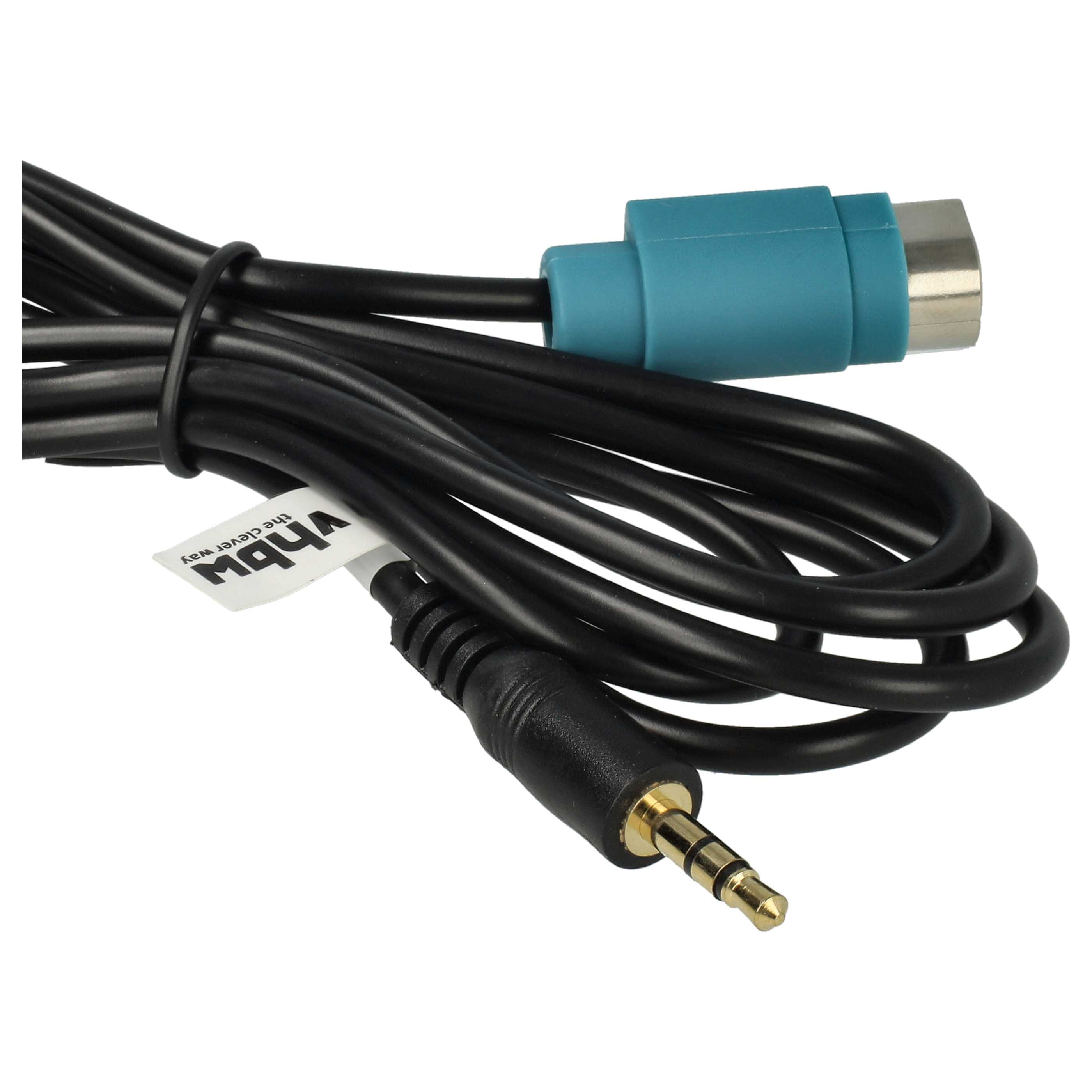 Ein schwarzes Audiokabel mit blauem Stecker und 3,5-mm-Klinke. Ein weißes Etikett mit dem Wort 'vbh' ist sichtbar.