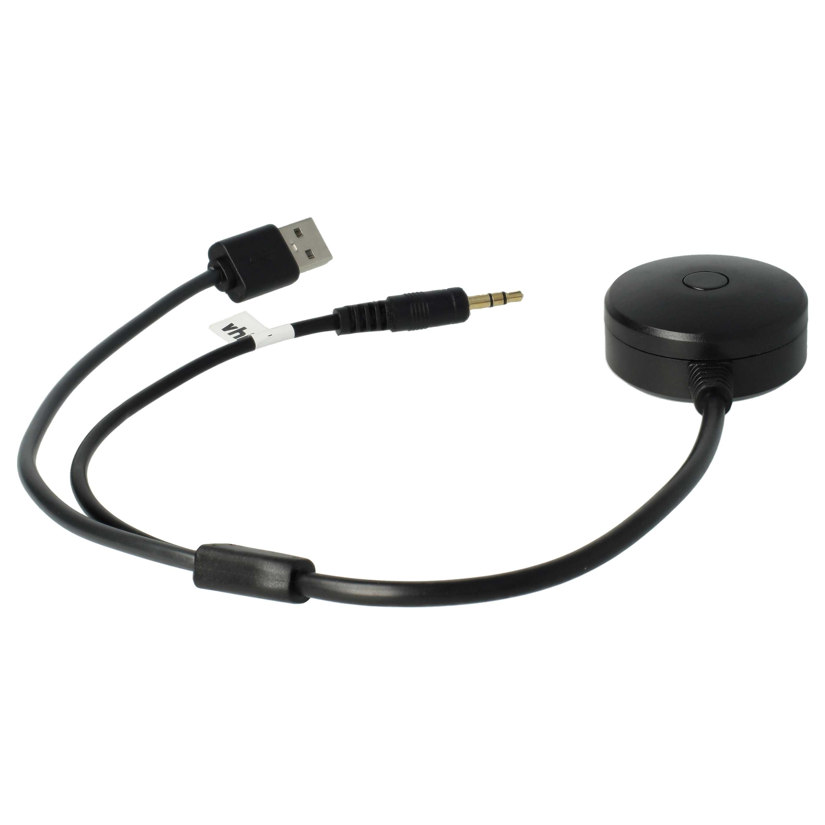 Schwarzes Audiogerät mit USB- und Klinkensteckern. Ein schwarzer runder Knopf oben.