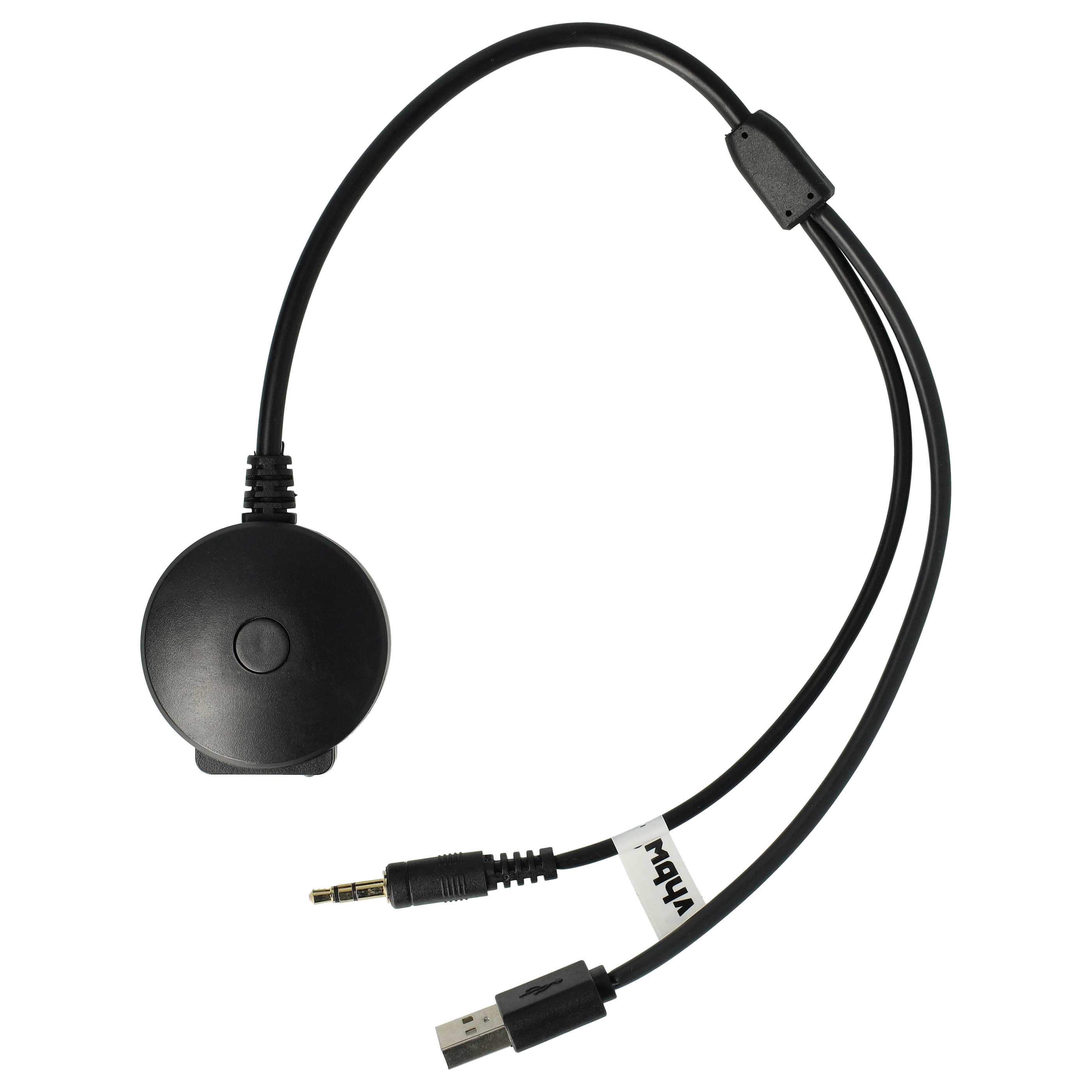 Ein schwarzes Audiogerät mit rundem Knopf, USB- und Audioanschlüssen auf weißem Hintergrund.