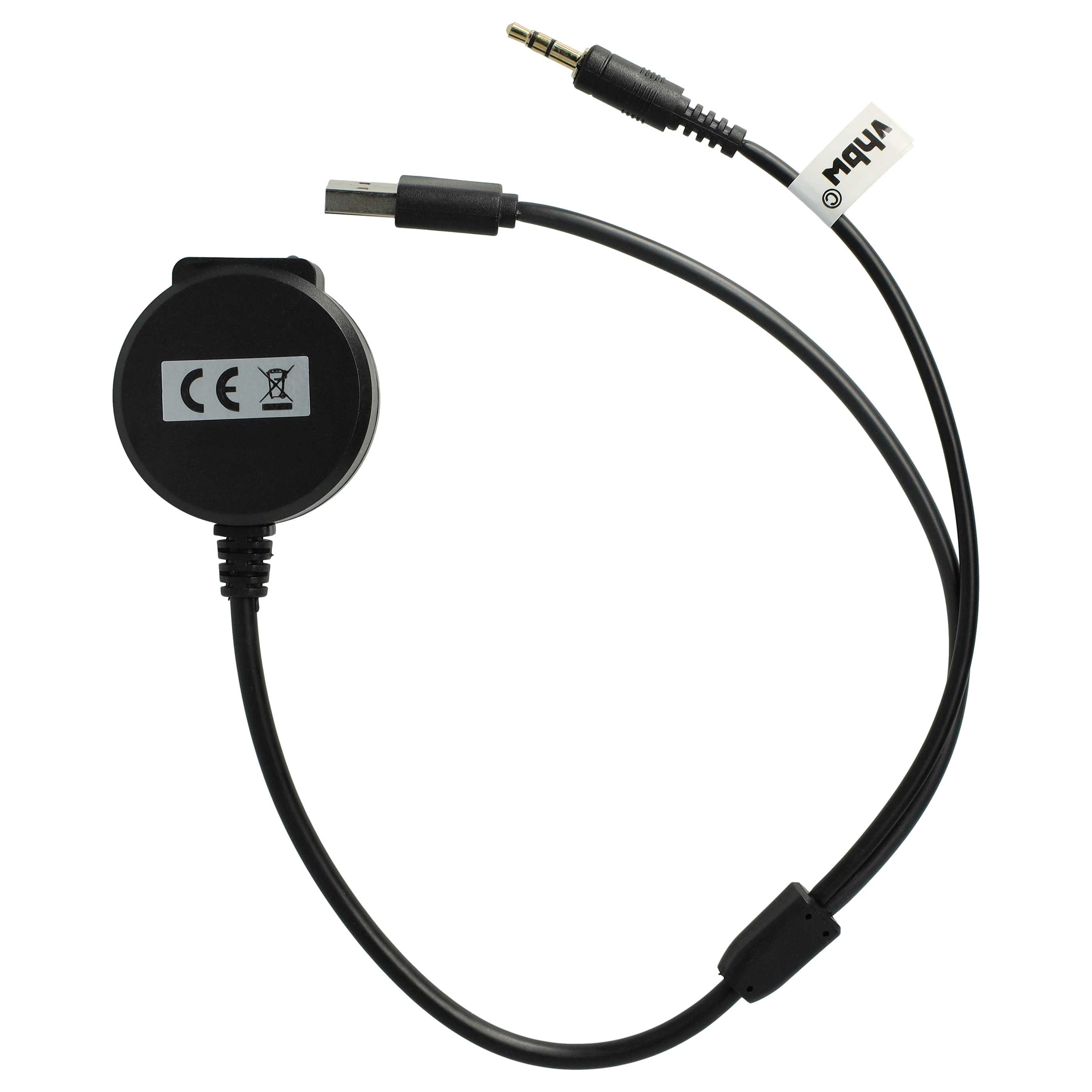 Schwarzes Audiogerät mit runder Komponente, USB- und Klinkenstecker auf weißem Hintergrund.