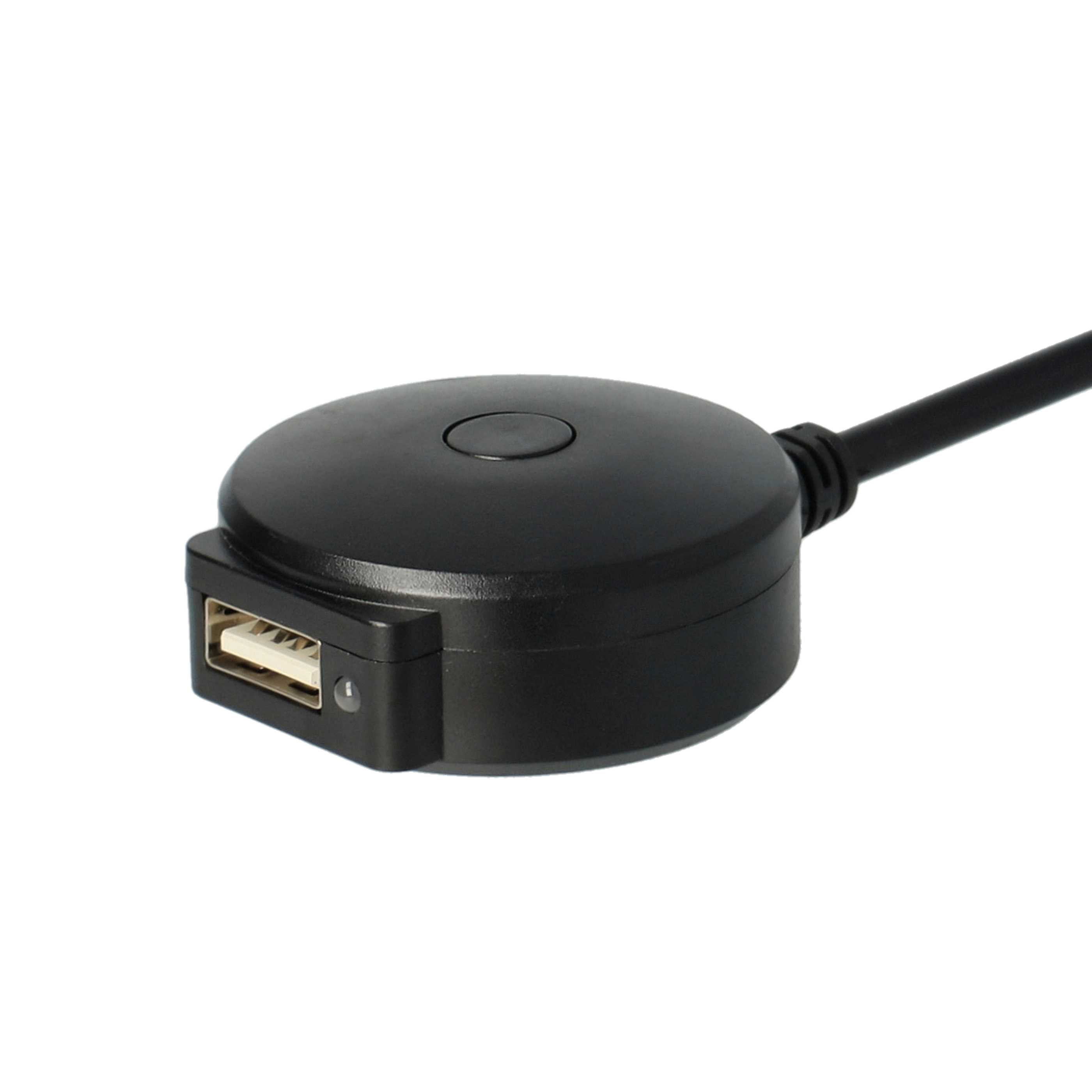 Ein schwarzer USB-Hub mit einem USB-Anschluss. Der Hub ist rund mit einem Knopf oben und einem USB-Anschluss an der Seite.