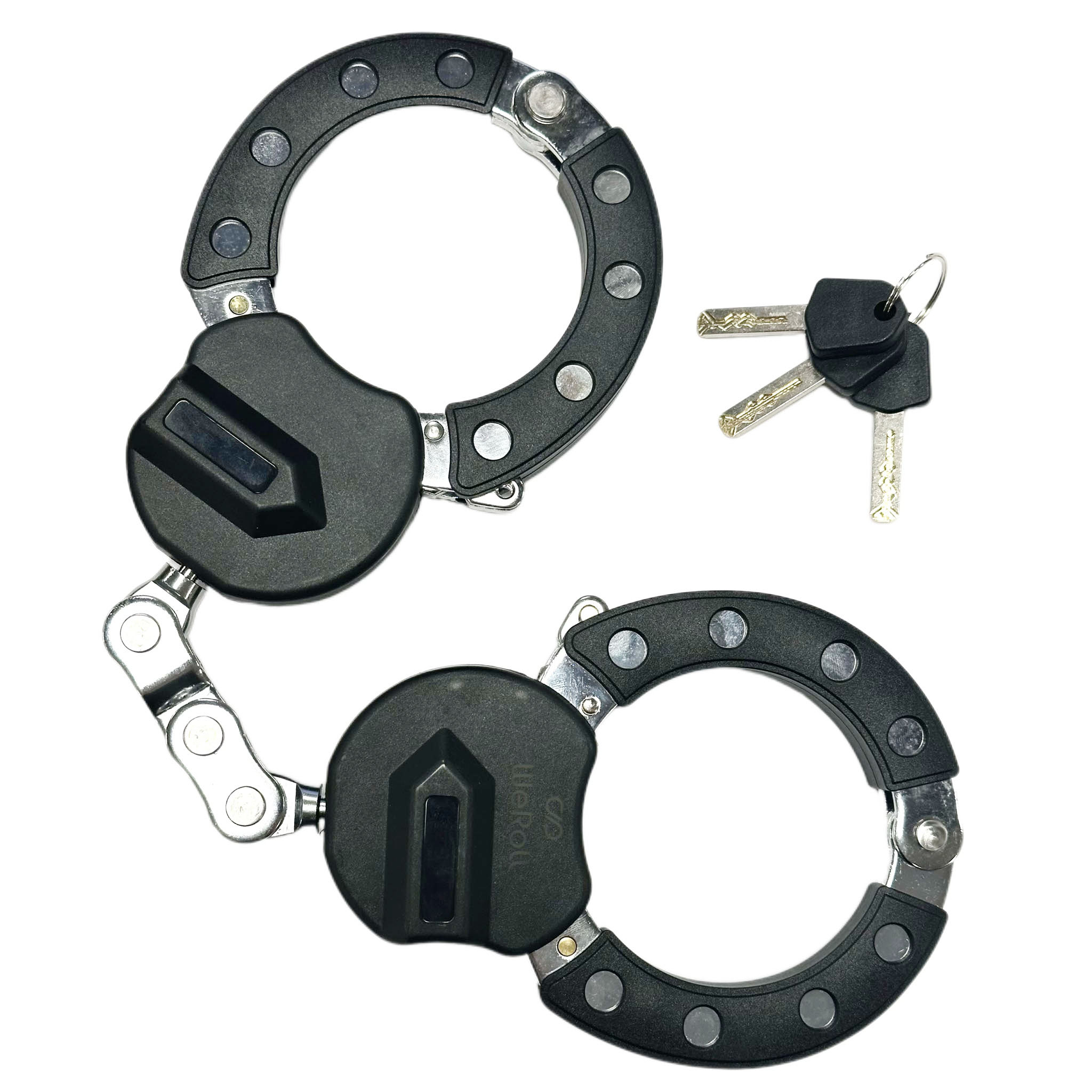 Schwarze Handschellen mit silbernen Metallscharnieren und drei Schlüsseln auf weißem Hintergrund. Handschellen sind geschlossen.