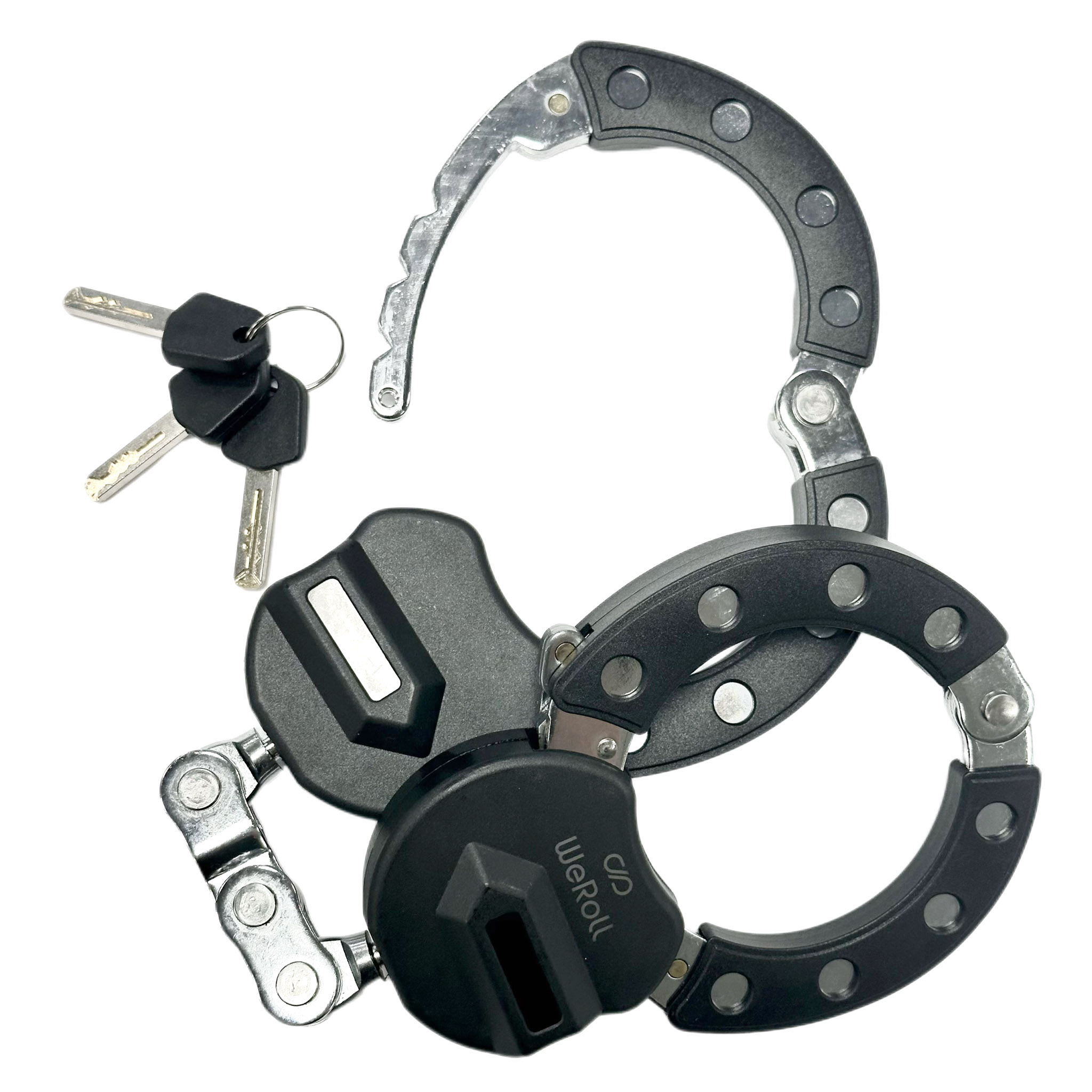 Schwarze Handschellen mit Schlüsseln auf weißem Hintergrund. Handschellen sind teilweise geöffnet. Schlüssel sind an einem Ring.