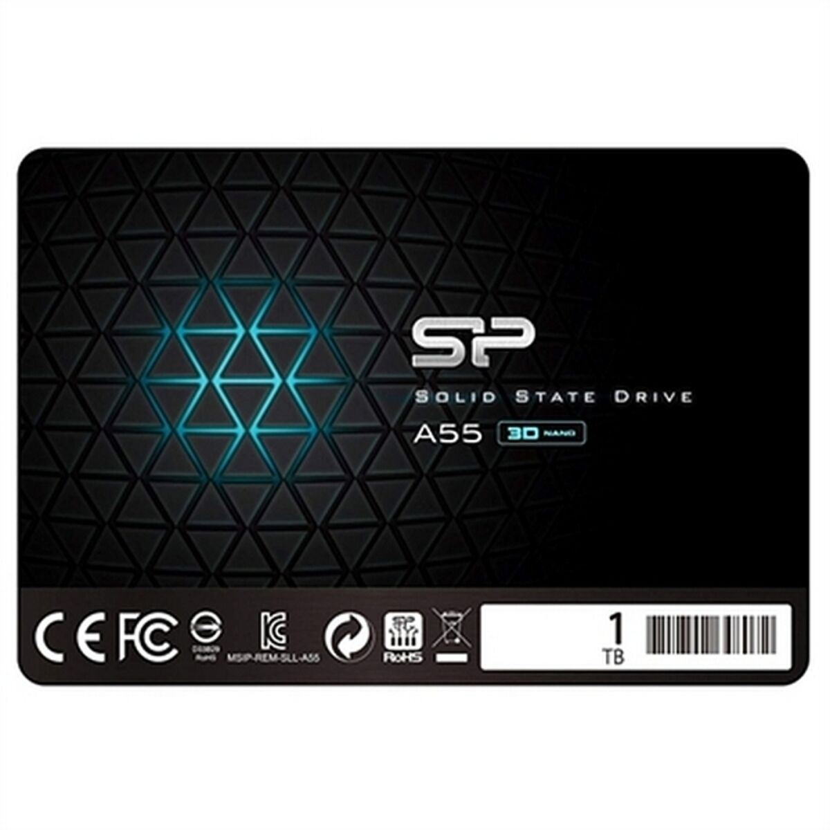 Czarny dysk SSD z geometrycznym wzorem, marką SP i tekstem 'SOLID STATE DRIVE A55 3D NAND 1TB'.