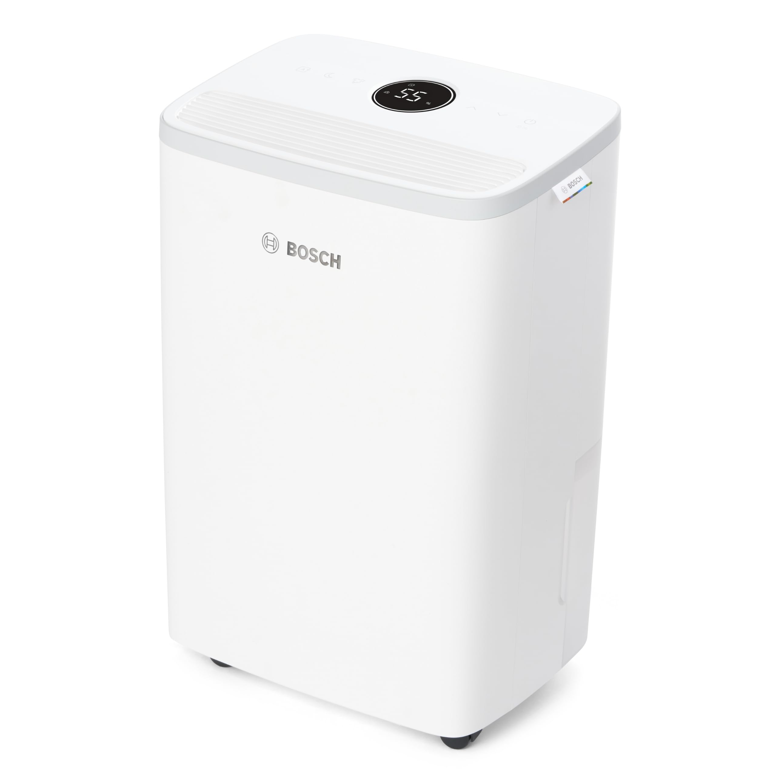 Un deumidificatore Bosch bianco. Ha un display digitale che mostra 55. Il logo Bosch è visibile.