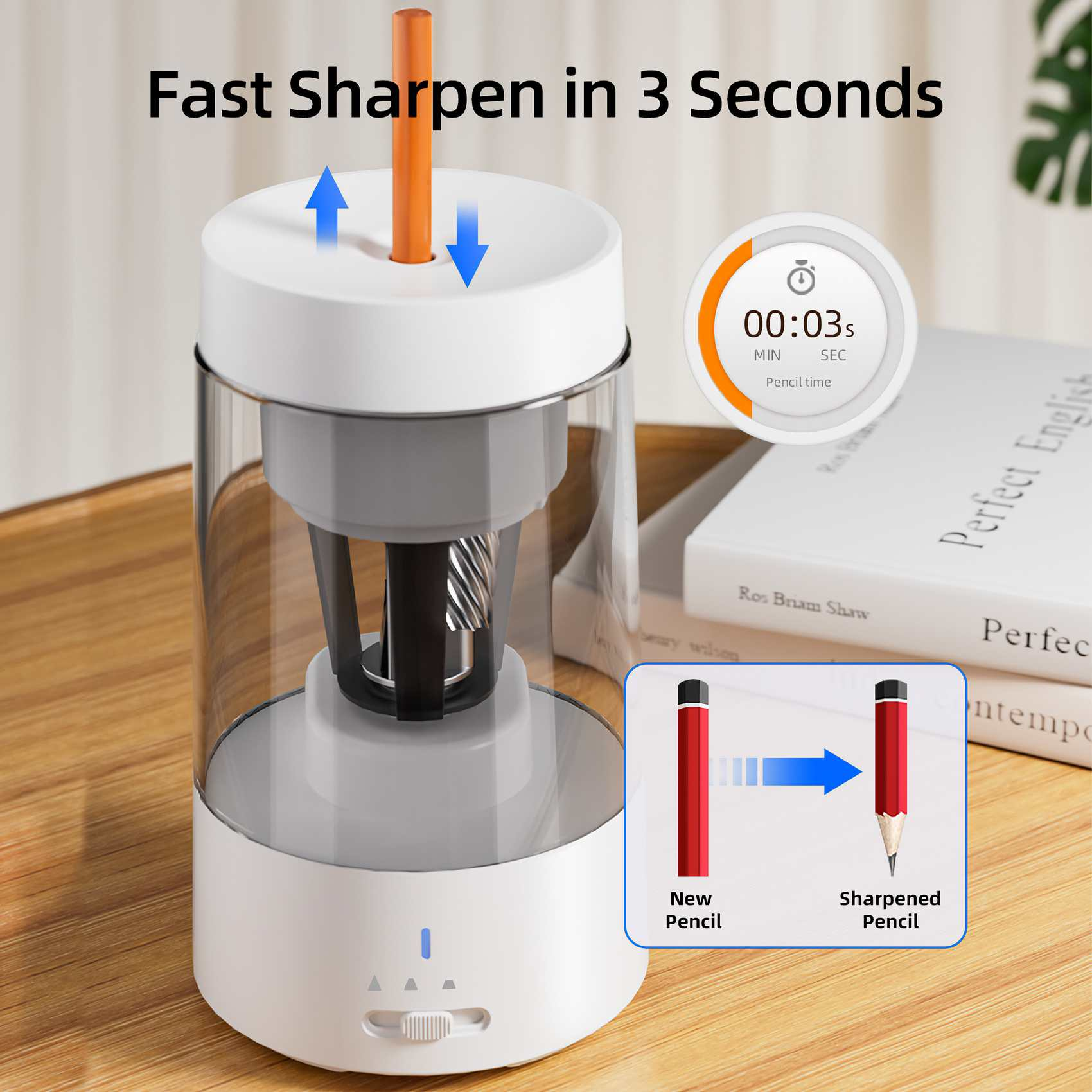 Elektrischer Bleistiftanspitzer mit orangem Bleistift, Timer bei 3 Sekunden und Vergleich von neu zu gespitzt.
