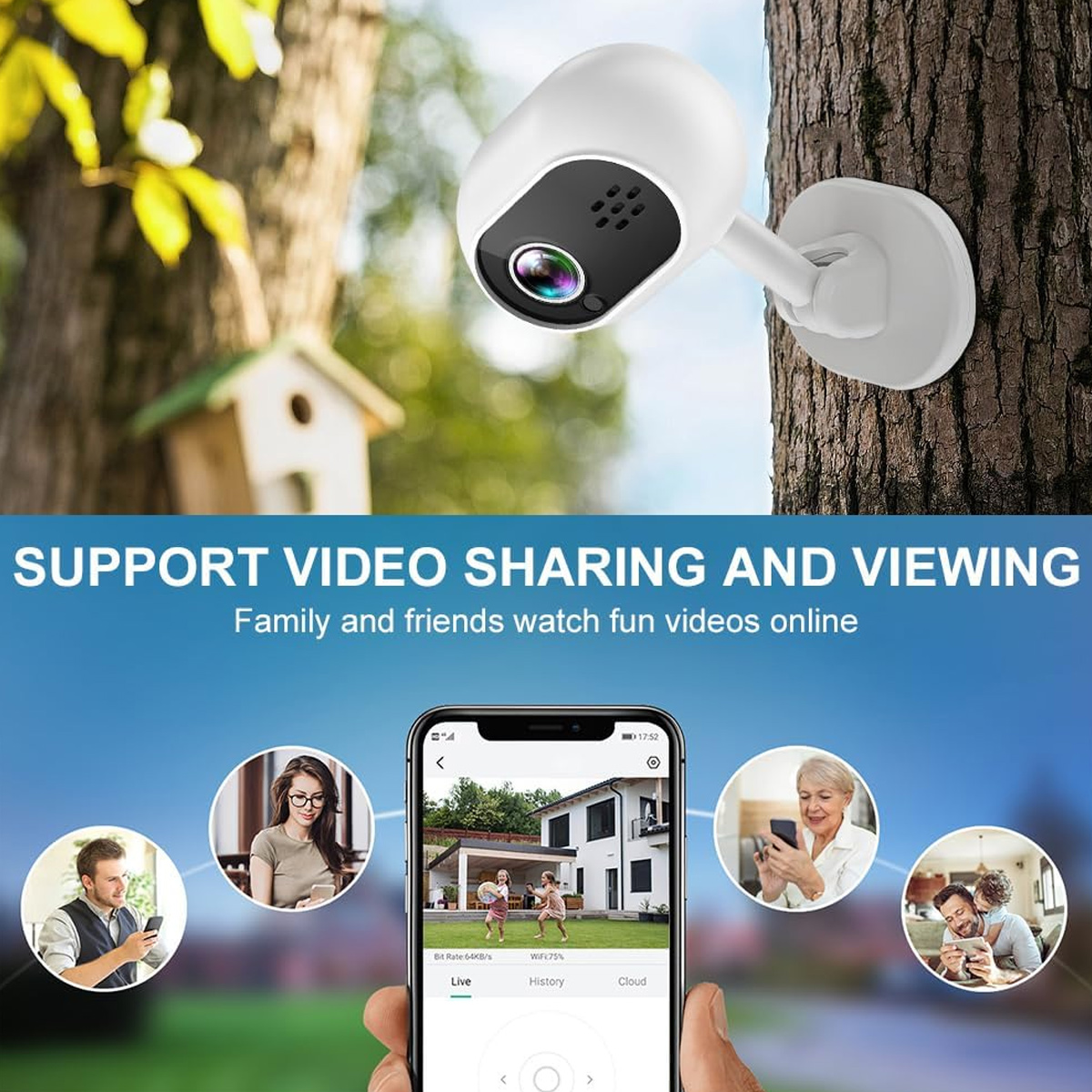 Eine weiße Überwachungskamera an einem Baum mit einem Smartphone, das Video-Sharing zeigt. Menschen sehen Videos auf ihren Handys.