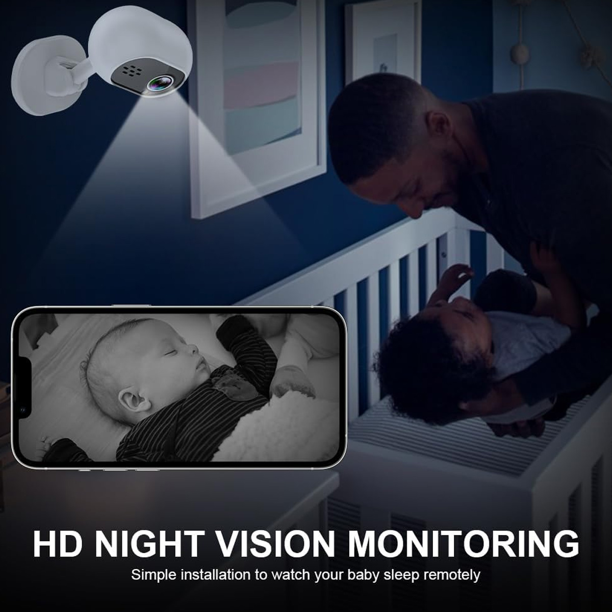 Ein Babyphone zeigt ein schlafendes Kind. Ein Mann hält ein Baby. Text: 'HD NIGHT VISION MONITORING'.