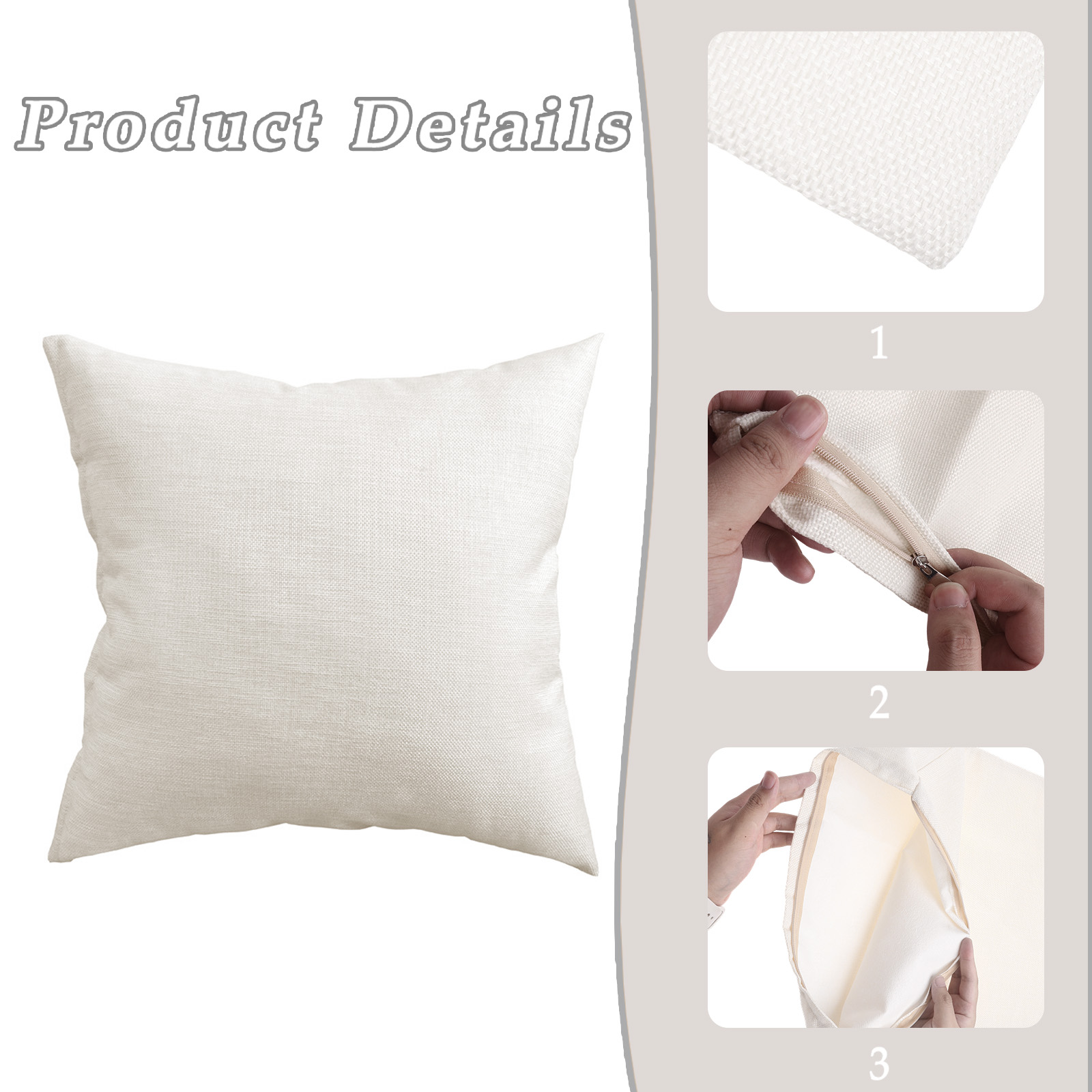 Ein weißes Kissen mit Produktdetails, Nahaufnahmen der Textur, des Reißverschlusses und der Innenseite.