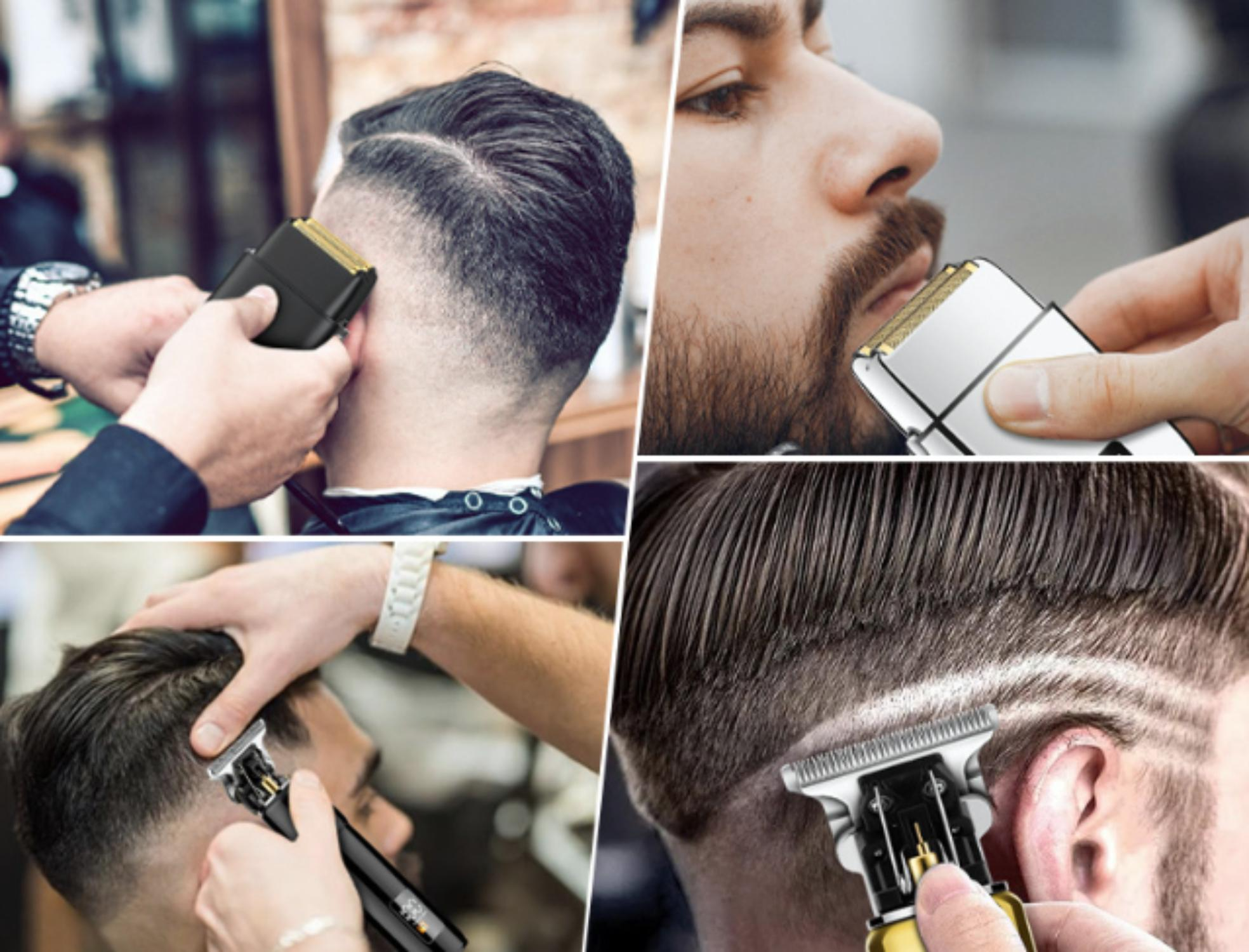 Vier Bilder zeigen Haarschnitte. Ein Friseur verwendet Haarschneider an den Haaren und am Bart eines Kunden. Die Werkzeuge sind schwarz und silber.