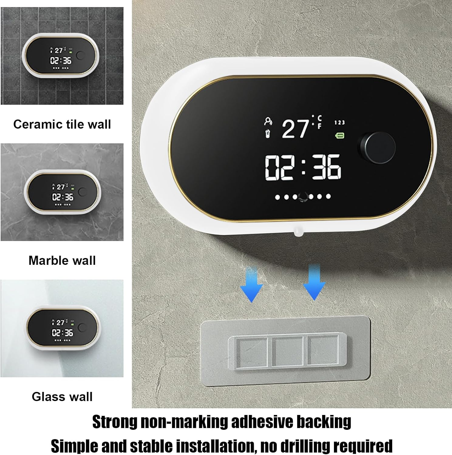 Weiße Digitaluhr mit schwarzem Bildschirm, der Zeit und Temperatur anzeigt, an einer grauen Wand mit Kleberückseite befestigt.