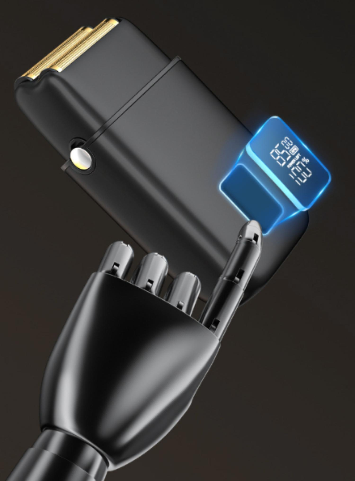 Ein schwarzer Elektrorasierer wird von einer metallischen Hand gehalten. Der Rasierer hat eine Digitalanzeige.