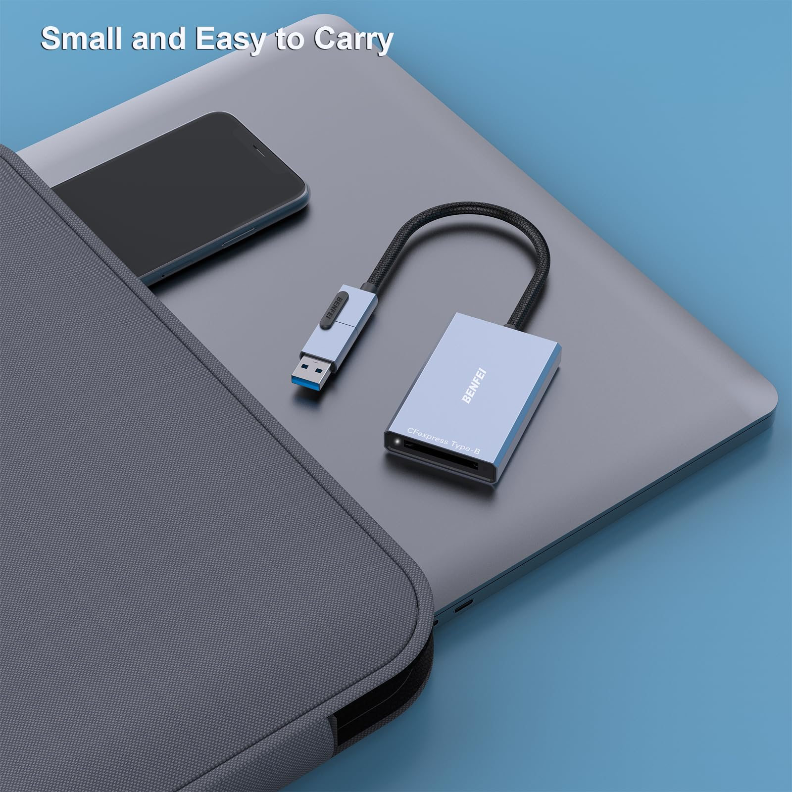 Ein blau-graues BENFEI-Kartenlesegerät liegt auf einem Laptop. Ein Telefon liegt daneben. Im Vordergrund befindet sich eine graue Hülle.