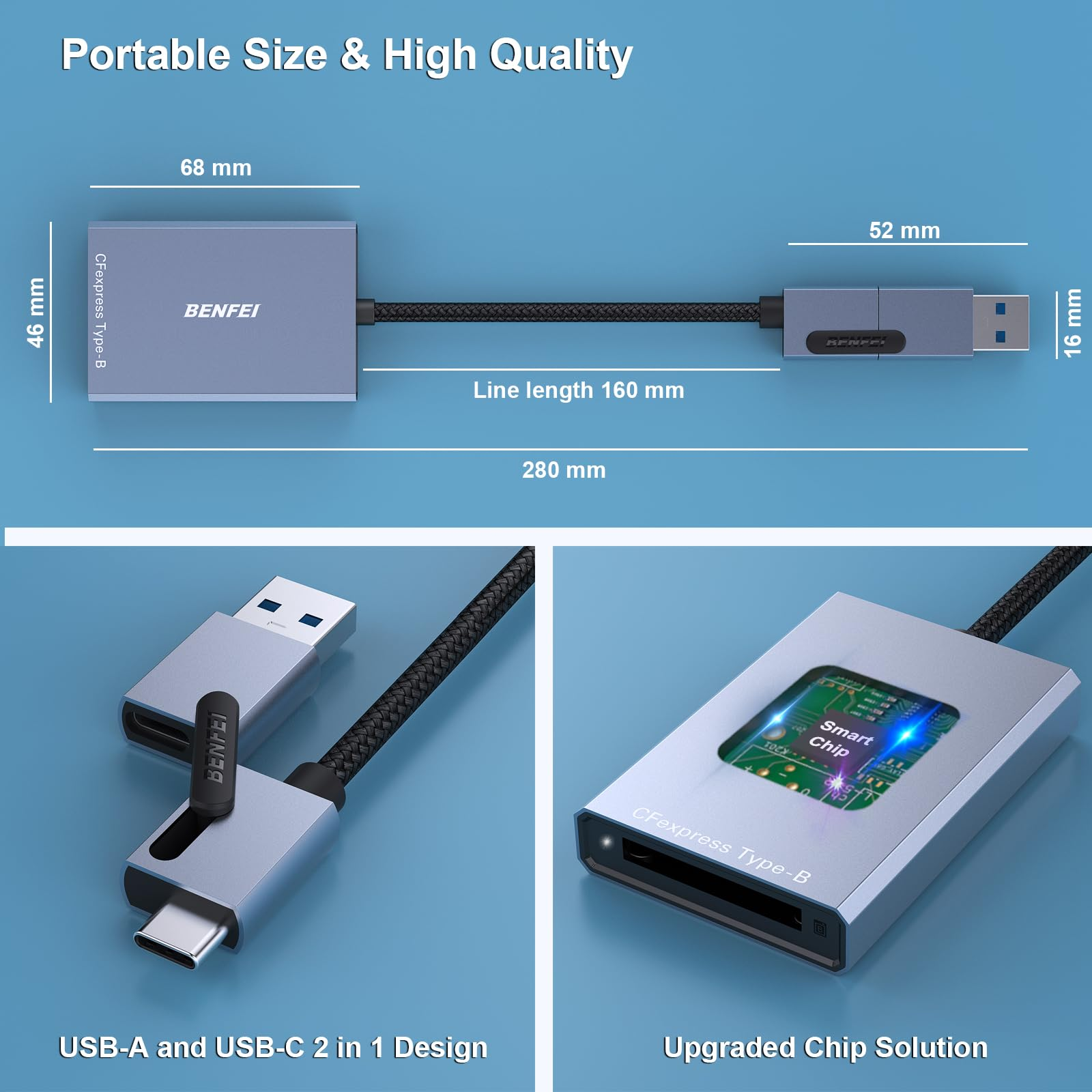 Ein grauer BENFEI-USB-Adapter mit Abmessungen, Kabel und USB-A- und USB-C-Design wird auf blauem Hintergrund gezeigt.