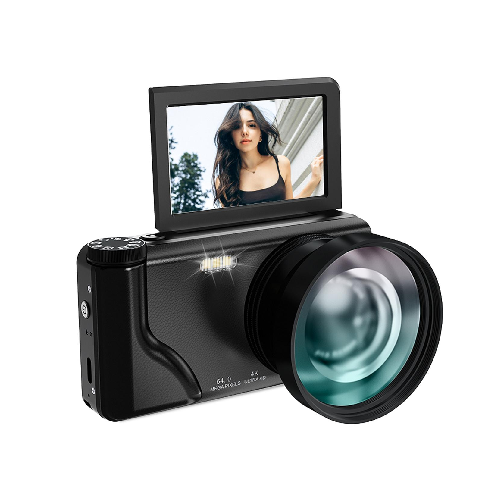 Schwarze Digitalkamera mit einer Frau auf dem Bildschirm. Das Objektiv ist prominent. Zeigt 64,0 Megapixel und 4K Ultra HD.