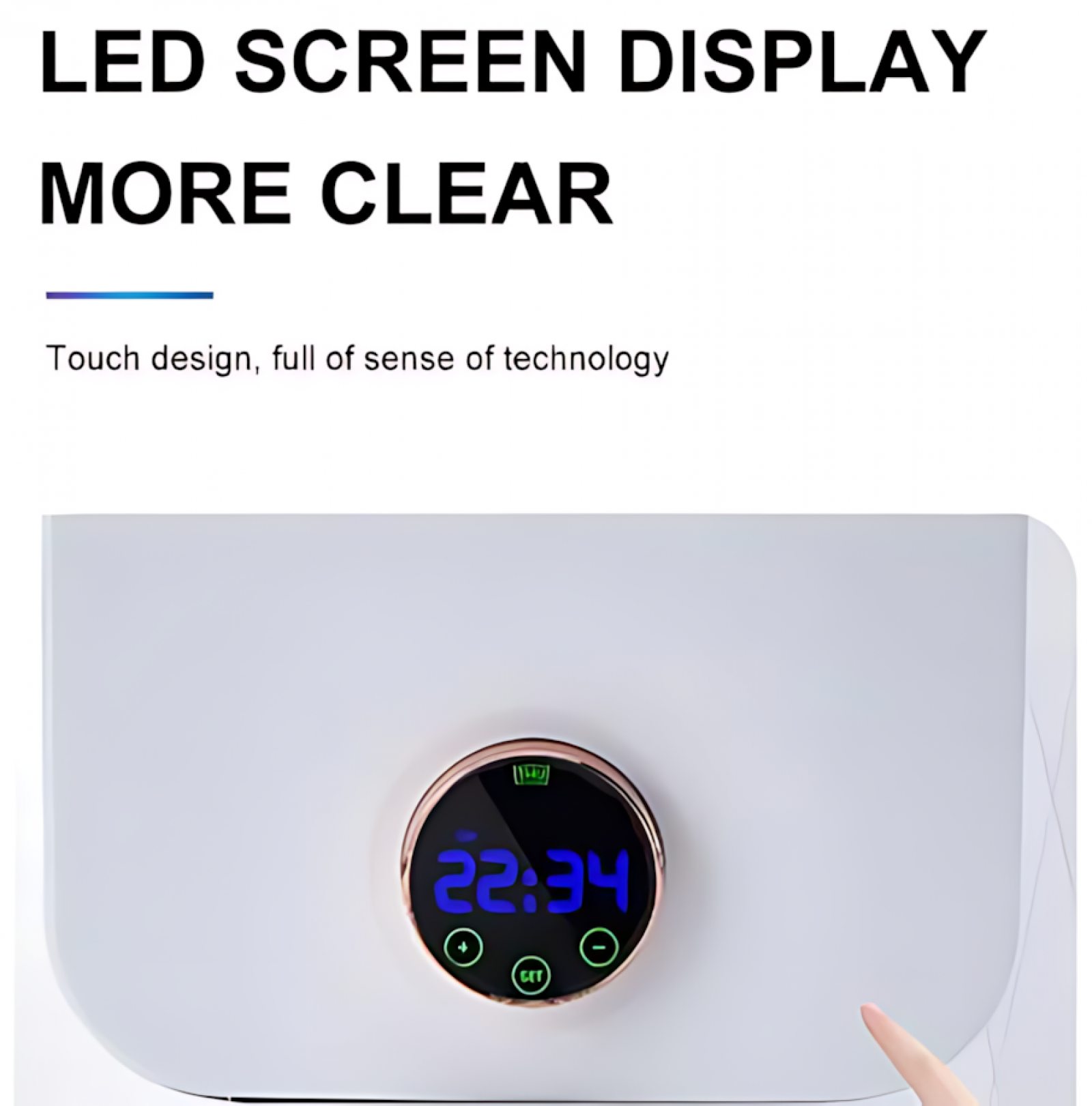 Ein weißes Gerät hat ein rundes Display mit der Anzeige 22:34. Unter dem Bildschirm befinden sich Plus-, Set- und Minus-Tasten. Ein Finger berührt.